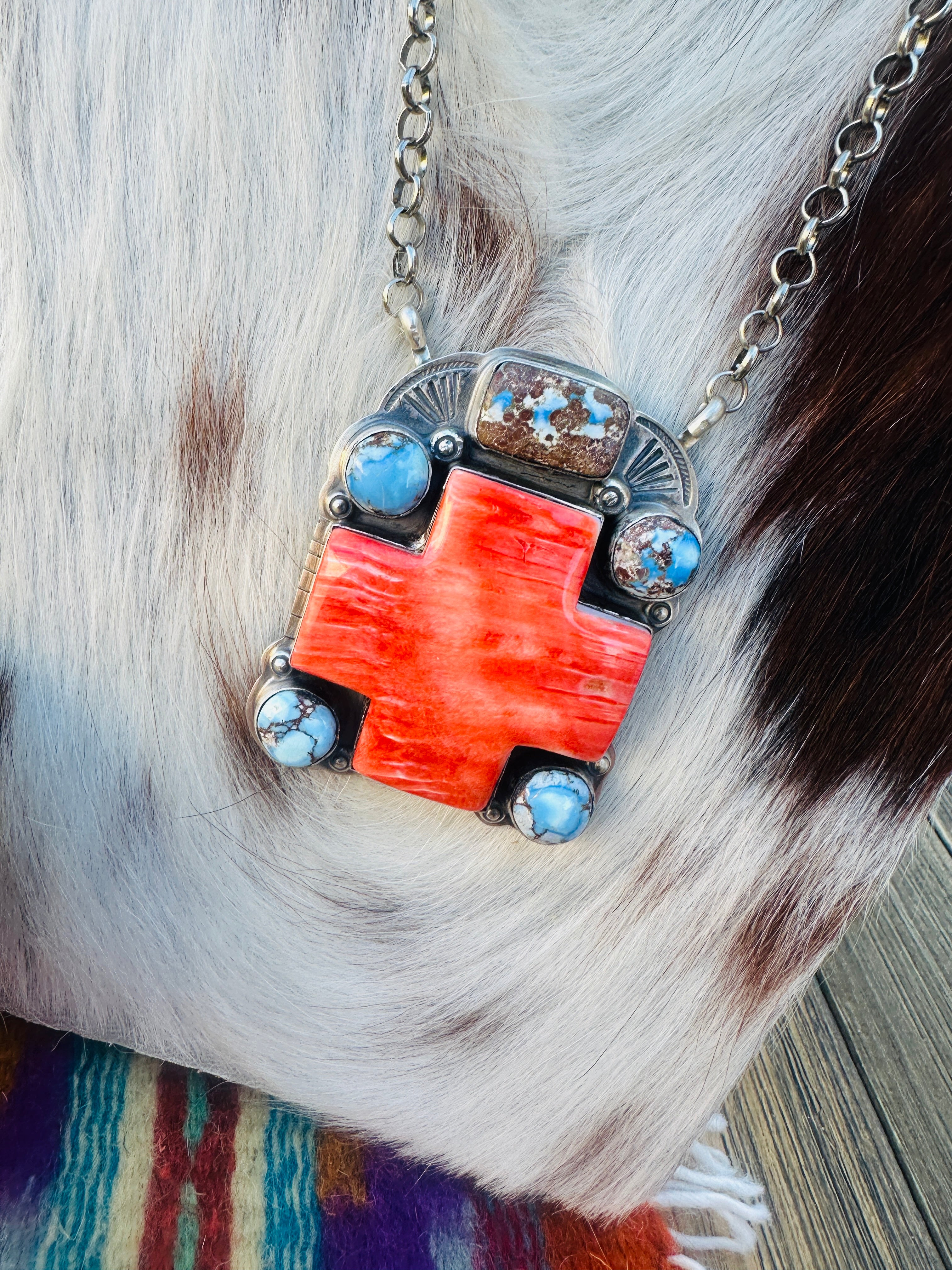 Handcrafted Spiny Oyster, Turquoise & Sterling Silver Cross Necklace