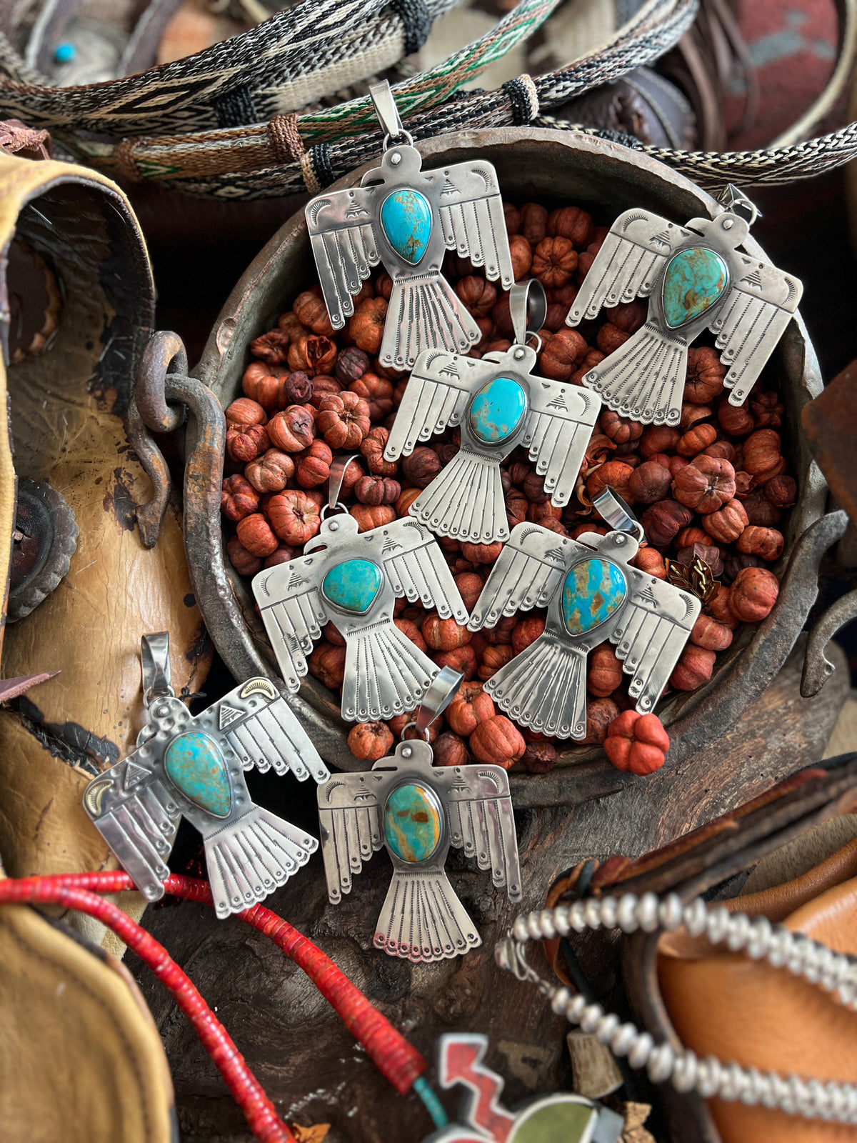 Kimari Somers Hand Stamped Sterling Silver & Kingman Turquoise Thunderbird Pendant 1