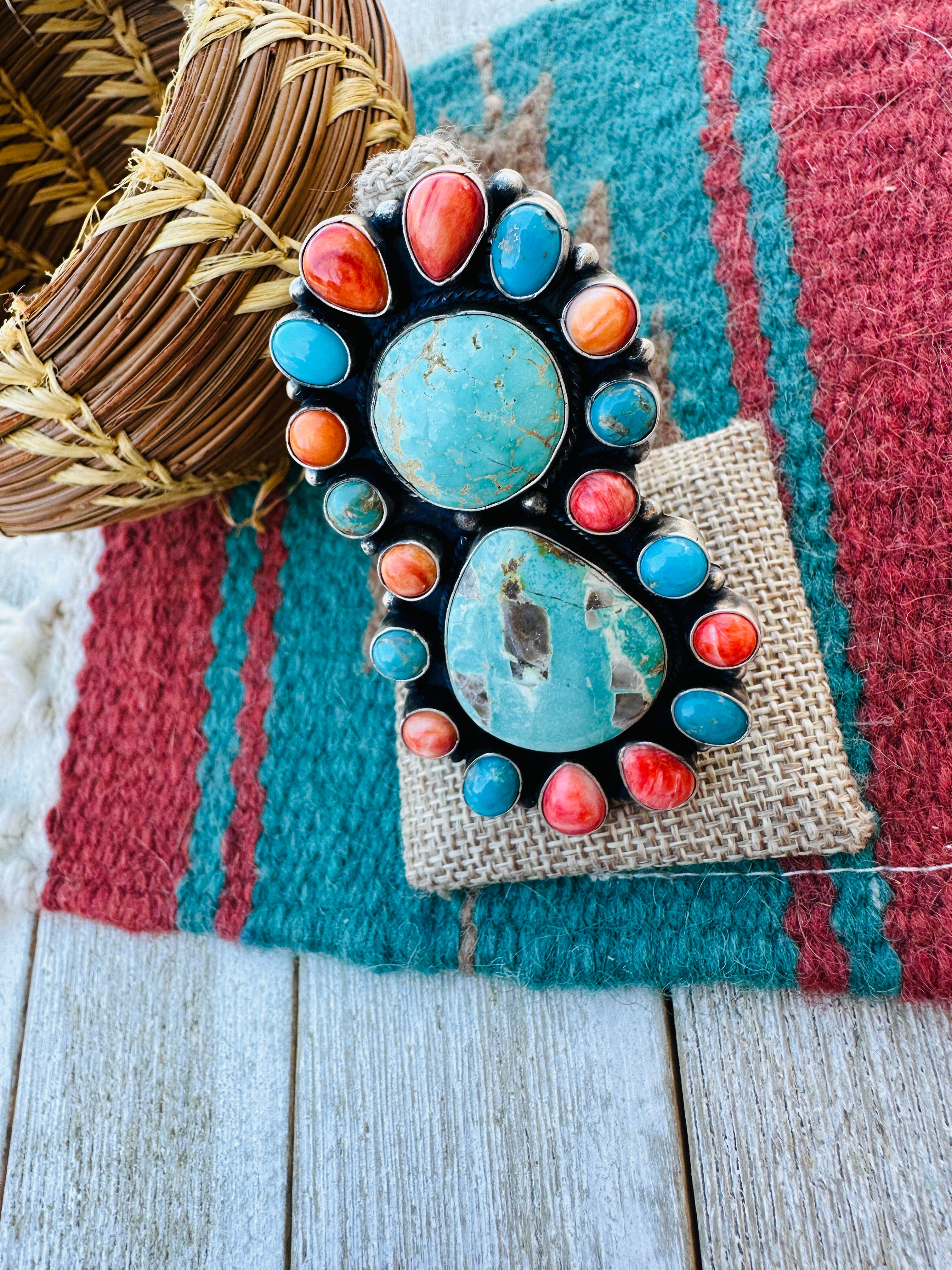 Handcrafted Turquoise, Spiny & Sterling Silver Cluster Ring Size 12 by Sheila Becenti