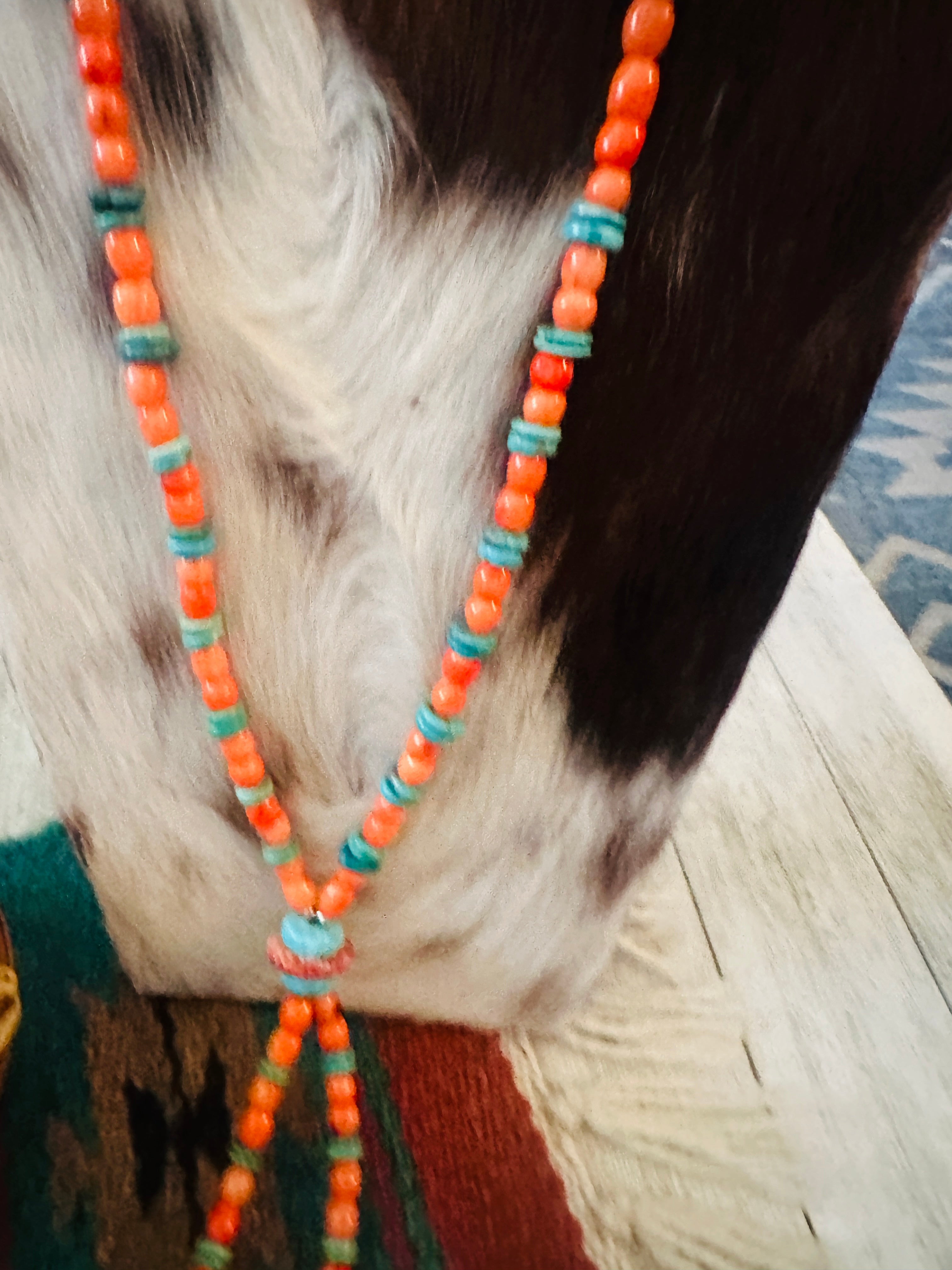 Handcrafted Spiny Oyster, Turquoise & Sterling Silver Beaded Jacla Necklace