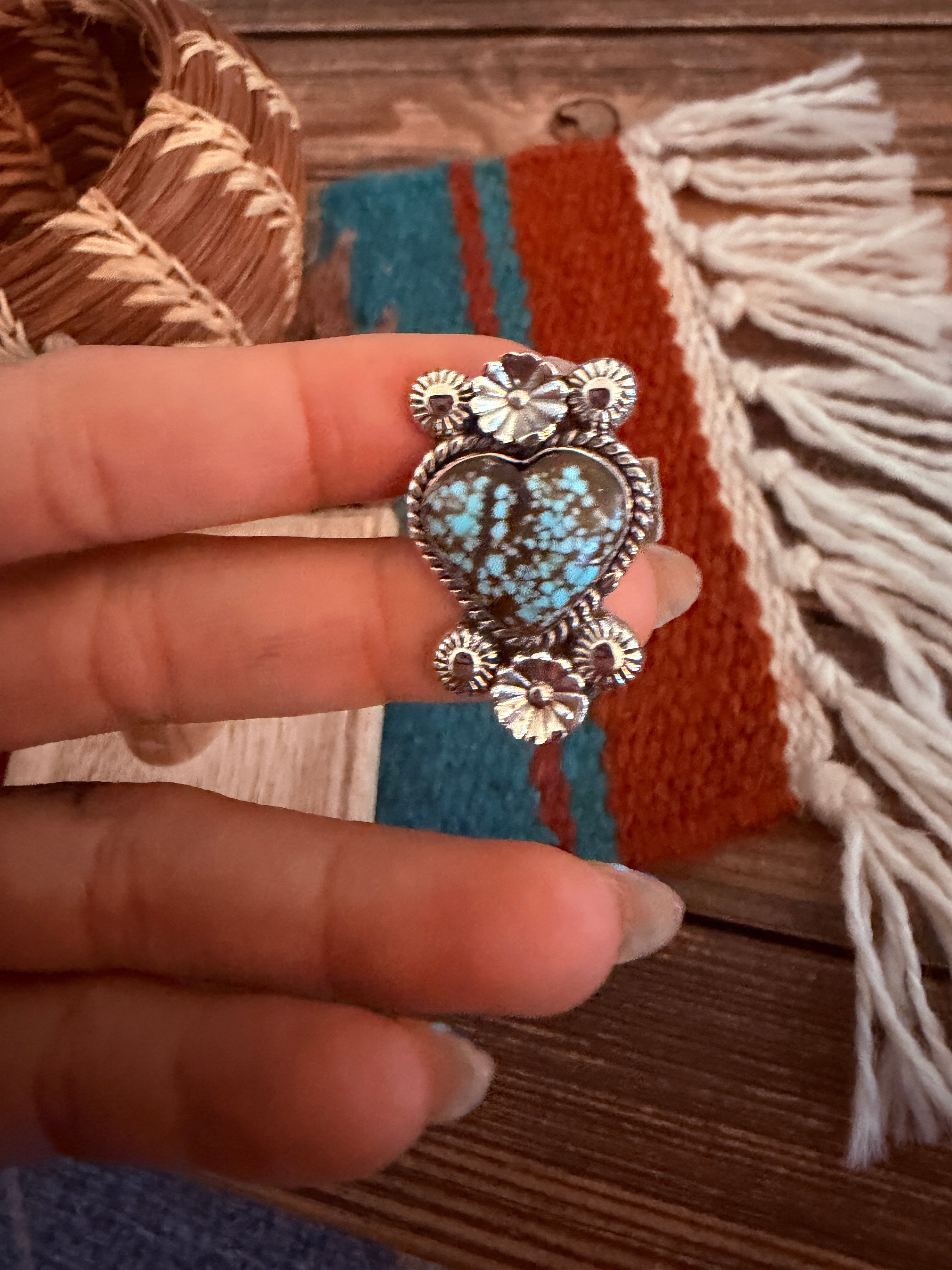 Handmade Sterling Silver Number 8 Turquoise Adjustable Heart Ring Signed Nizhoni