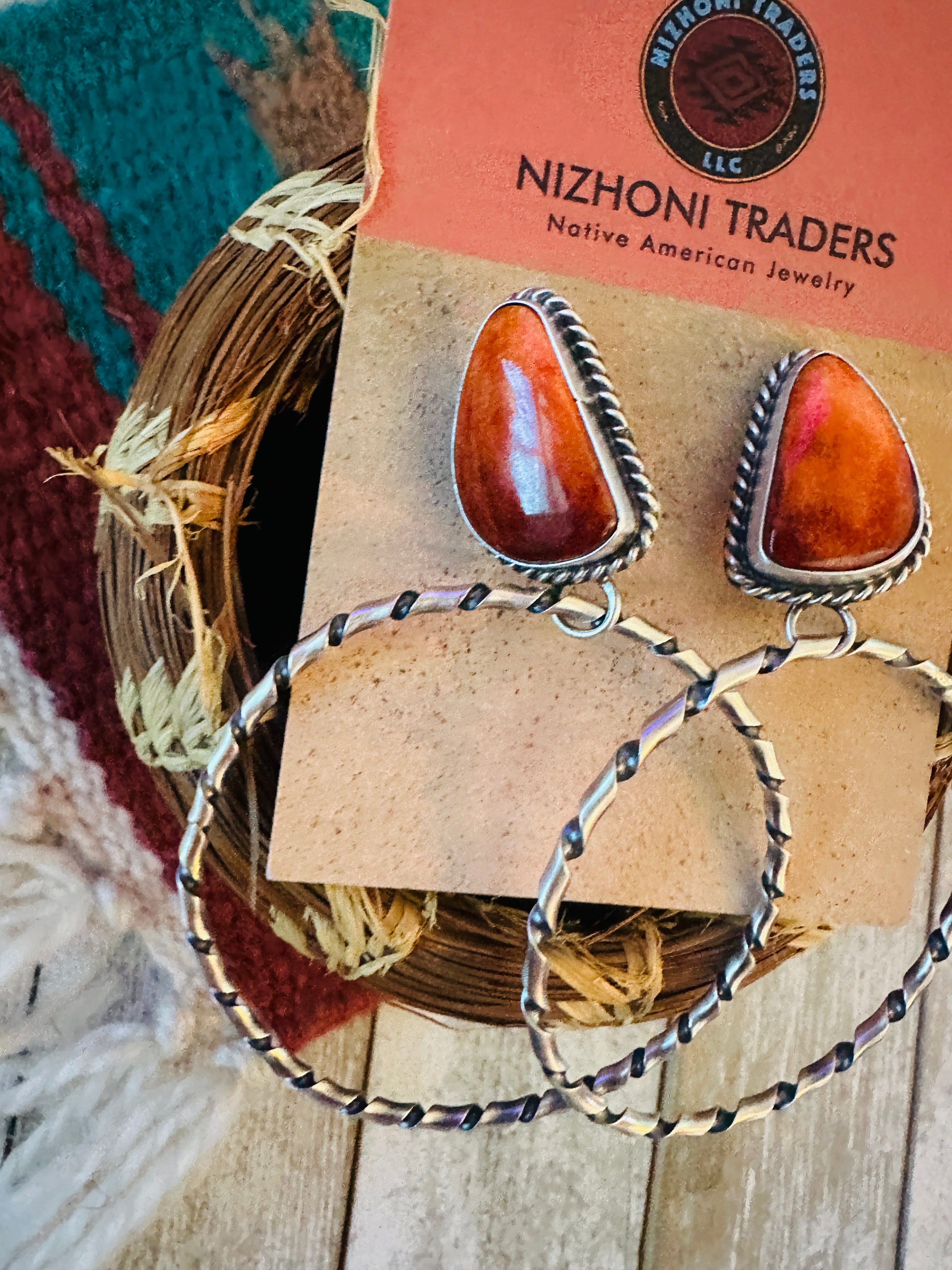 Navajo Orange Spiny and Sterling Silver Dangle Hoop Earrings