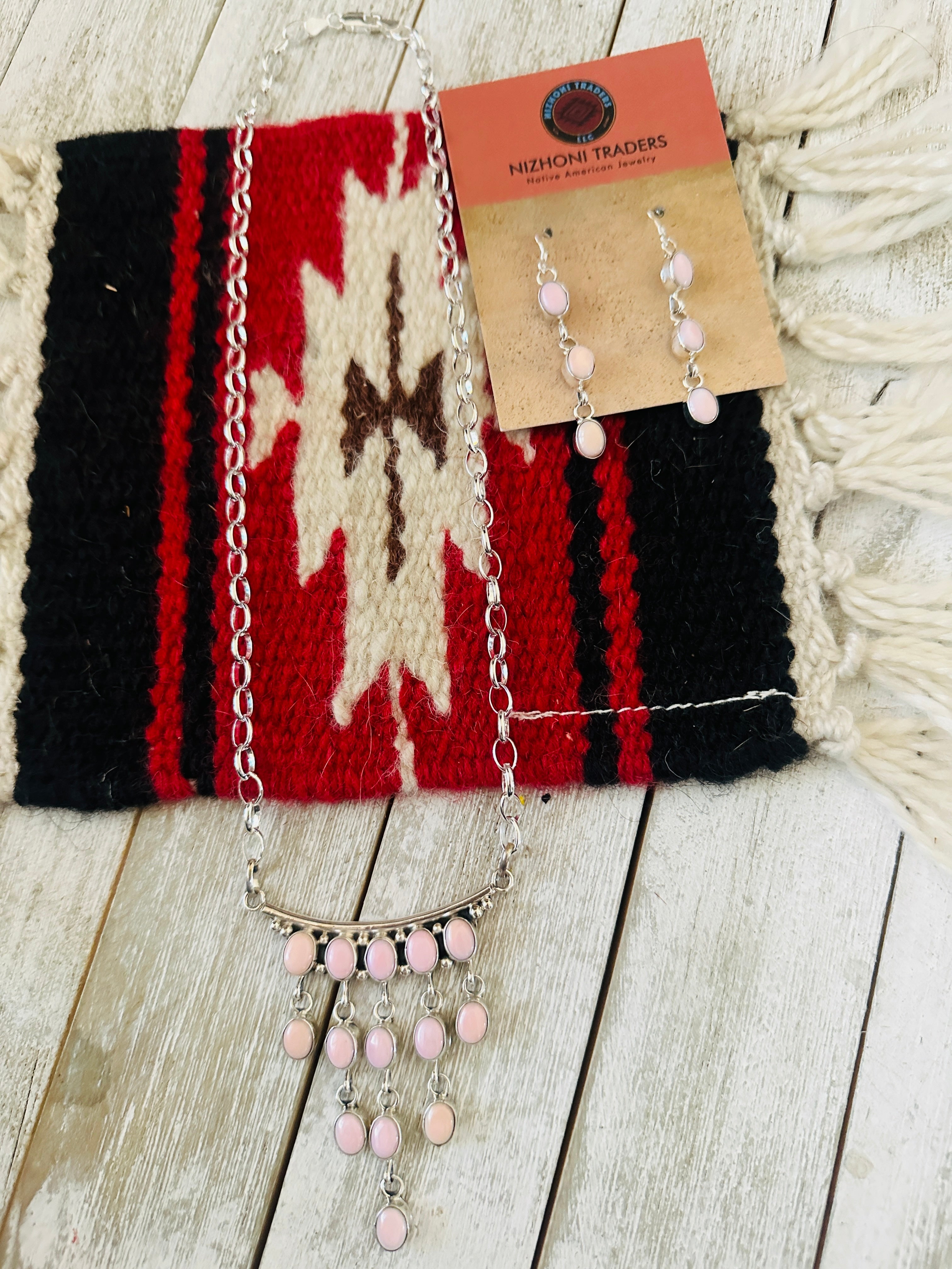 Handcrafted Queen Pink Conch & Sterling Silver Chandelier Necklace Set