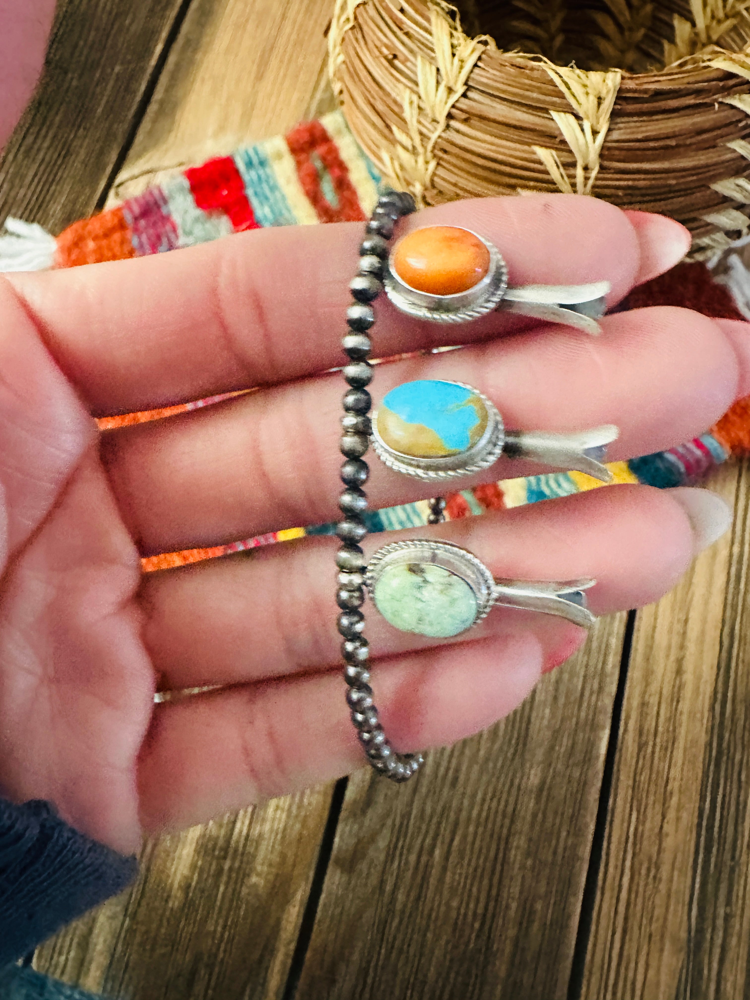 Handcrafted 3mm Sterling Silver Pearl, Turquoise & Spiny Oyster Blossom Stretch Bracelet