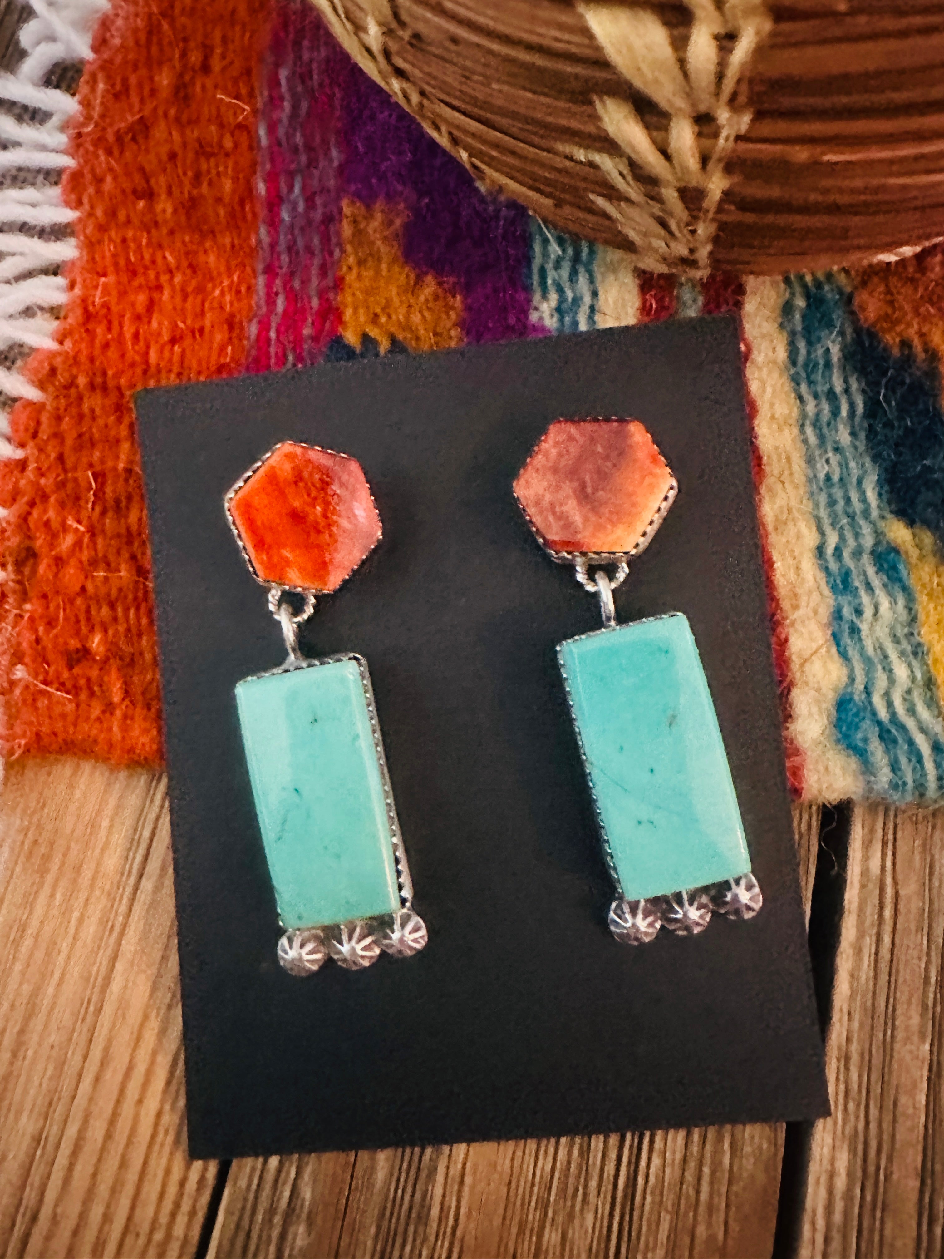Handcrafted Turquoise, Spiny Oyster & Sterling Silver Dangle Earrings