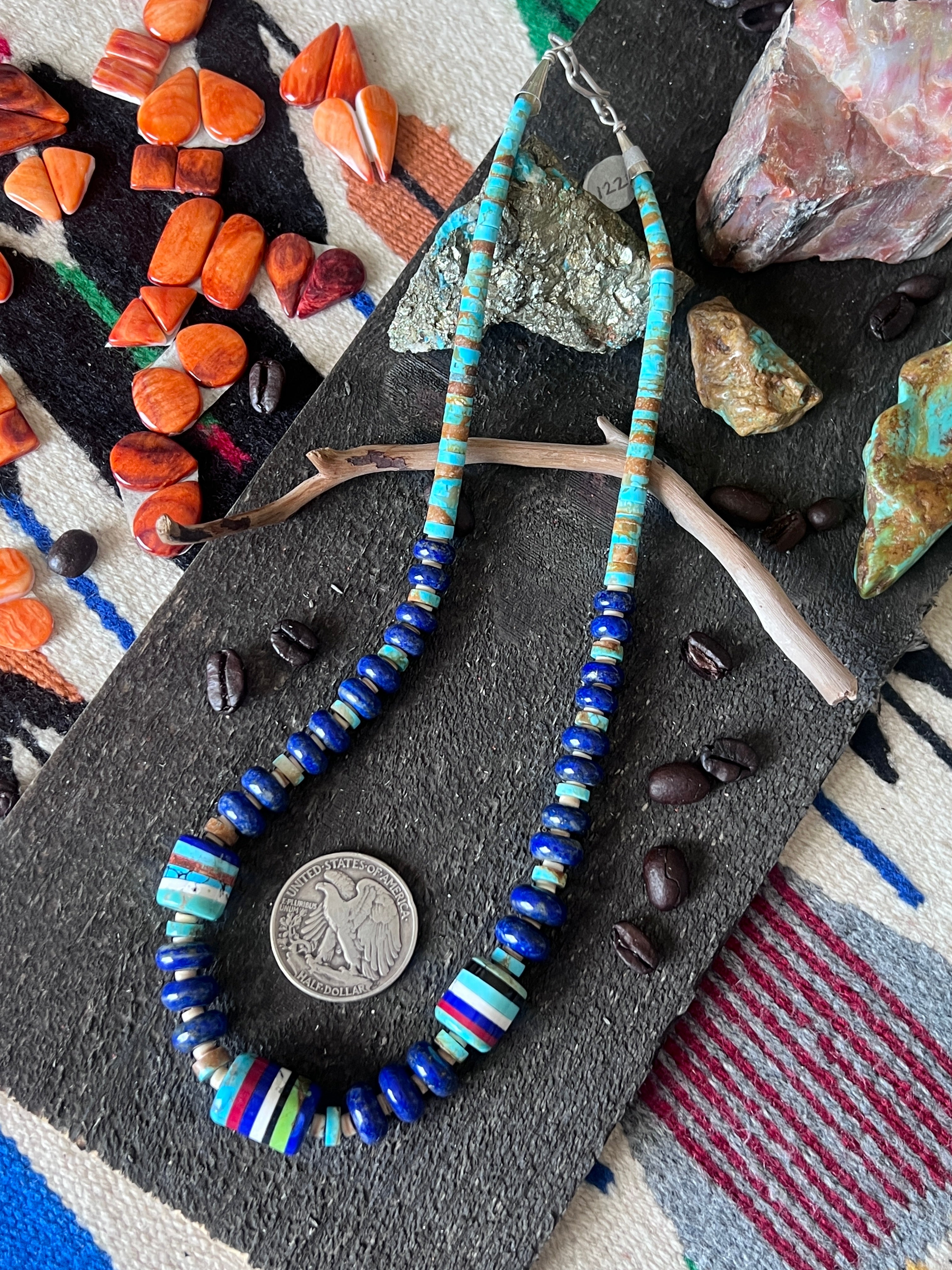 Ronald Chavez Handcrafted Multistone Beaded Santo Domingo Necklace with Lapis Rondelles