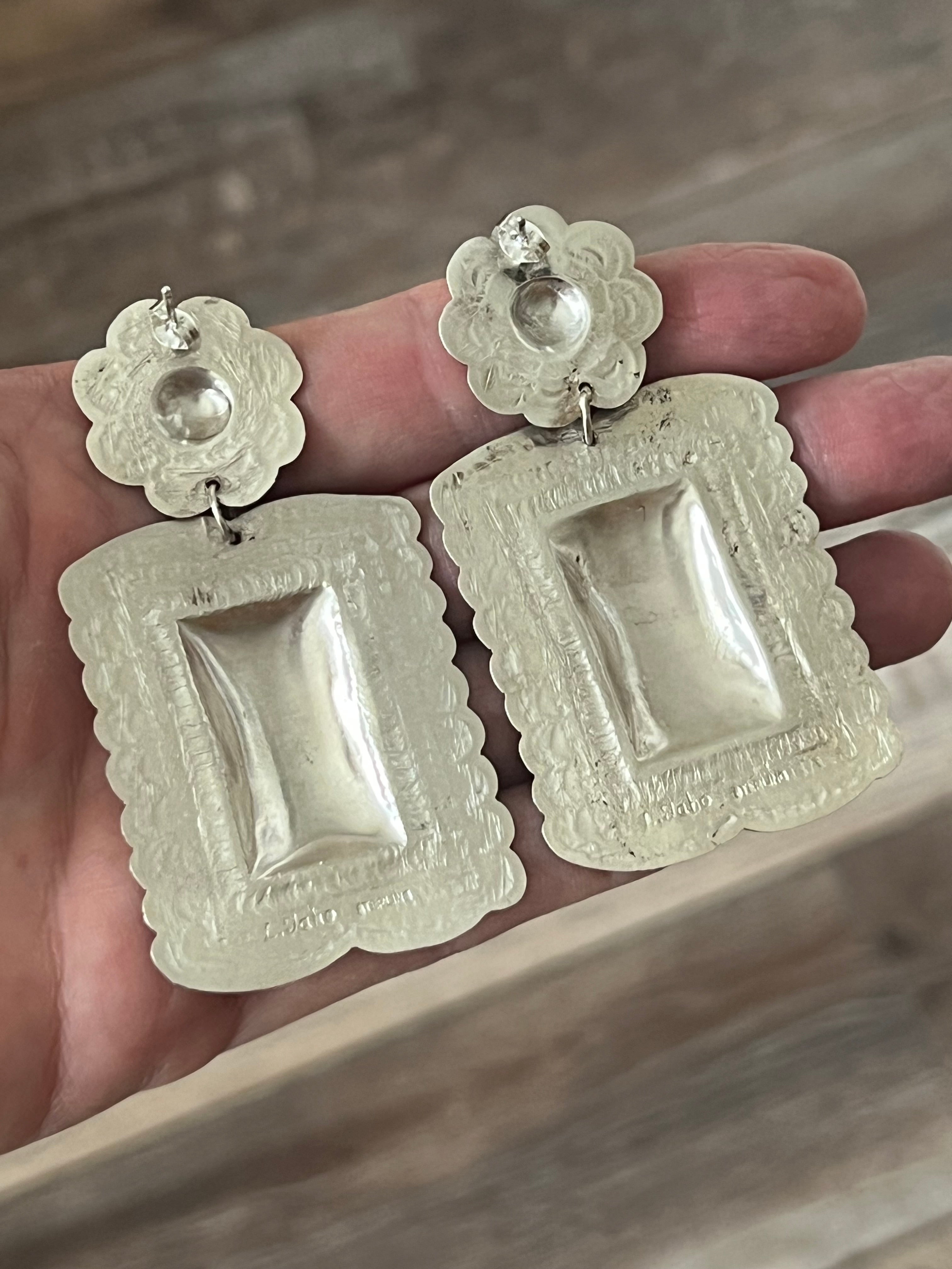 Handcrafted Sterling Silver Stamped Repousse Rectangle Earrings by Leander Tahe, R2