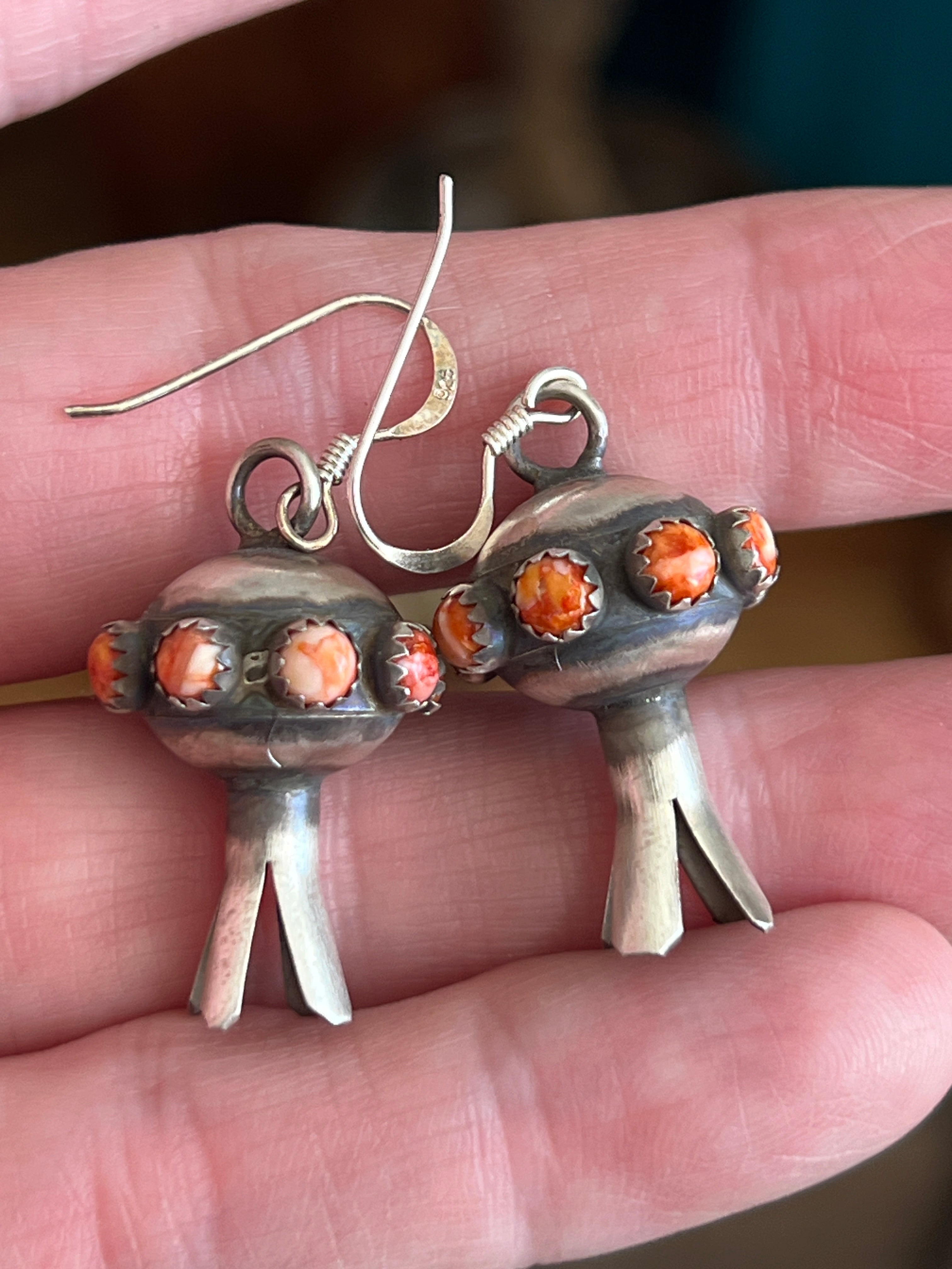 Handcrafted Sterling Silver Blossom Dangle Earrings w/ Orange Spiny Oyster by Monica Smith
