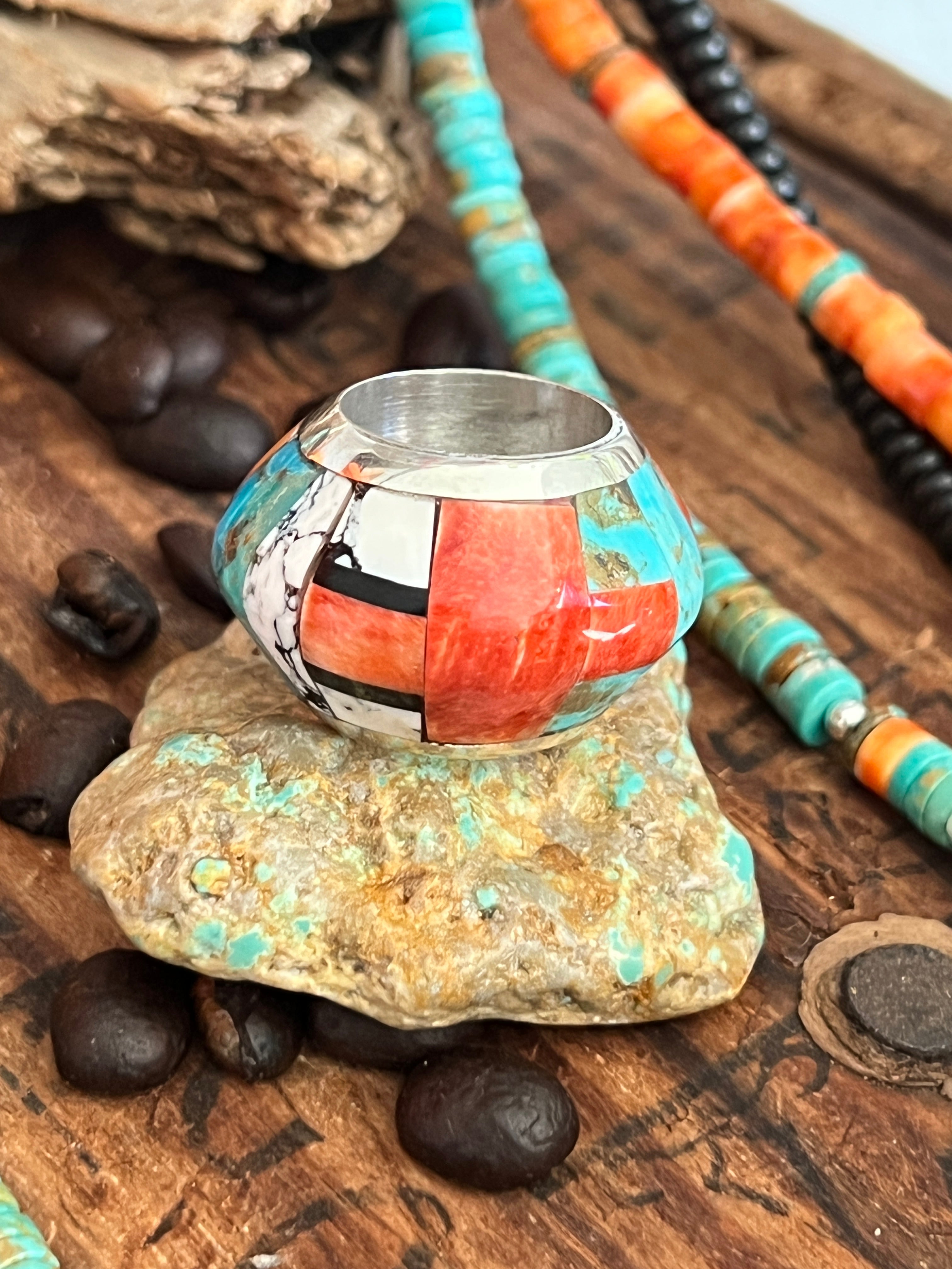 Daniel Coriz Triple Strand Spiny Oyster, Onyx and Turquoise Beaded Necklace w/ Removable Sterling Silver & Stone Inlay Bead