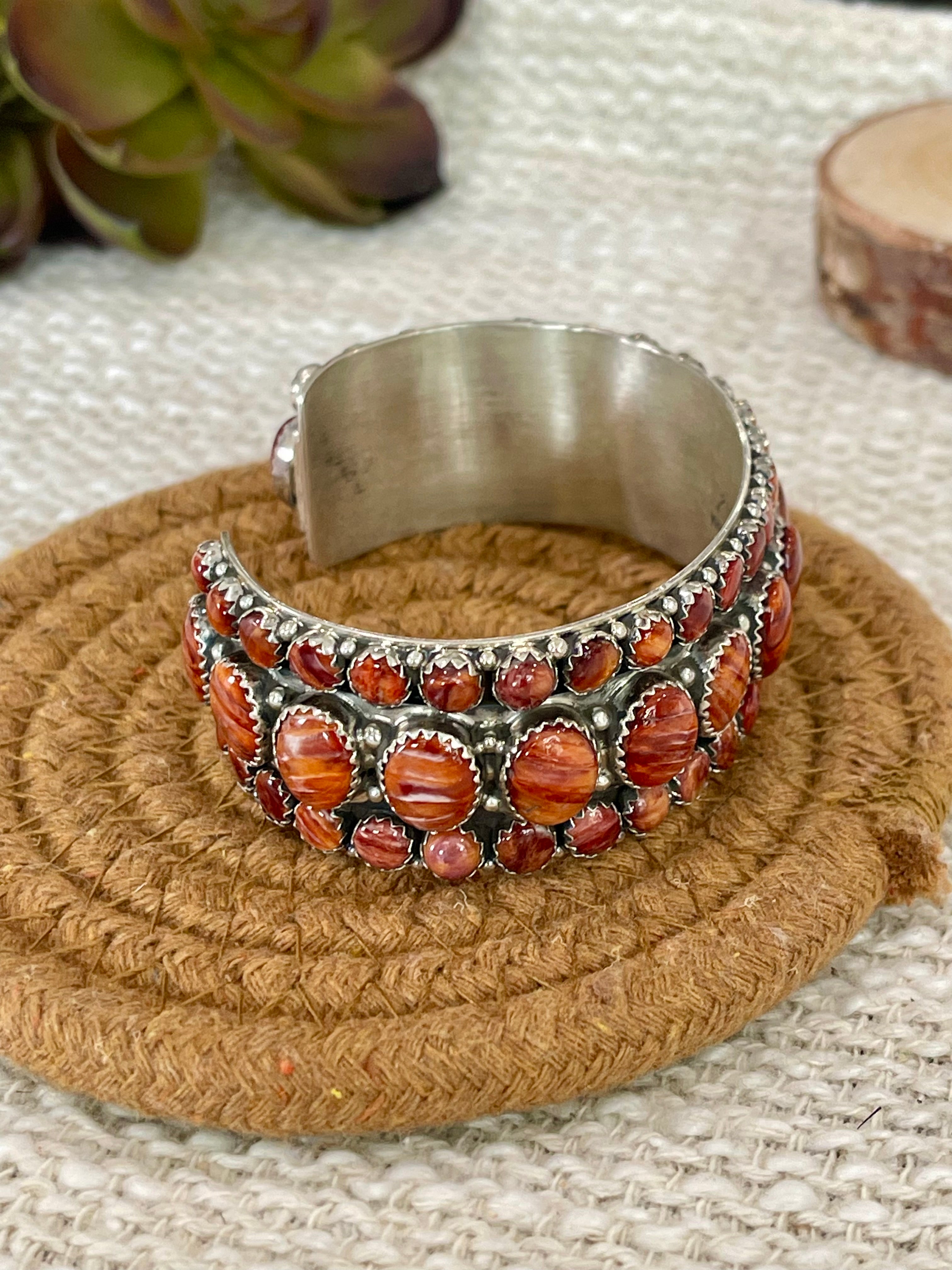 Beautiful Handmade Sterling Silver & Orange Spiny Cluster Cuff Bracelet