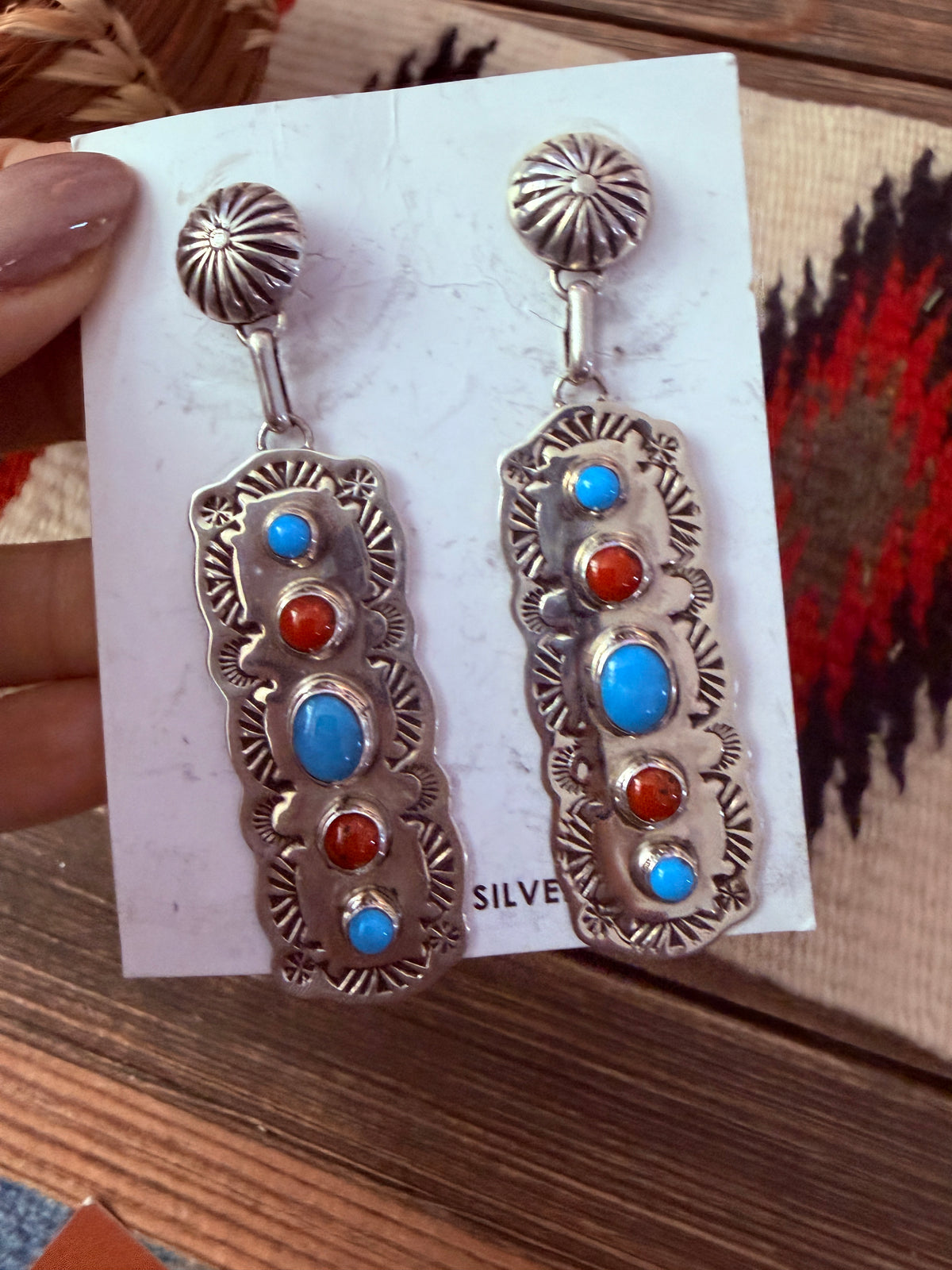 Handcrafted Turquoise, Coral & Sterling Silver Dangle Earrings by Jeff James Jr