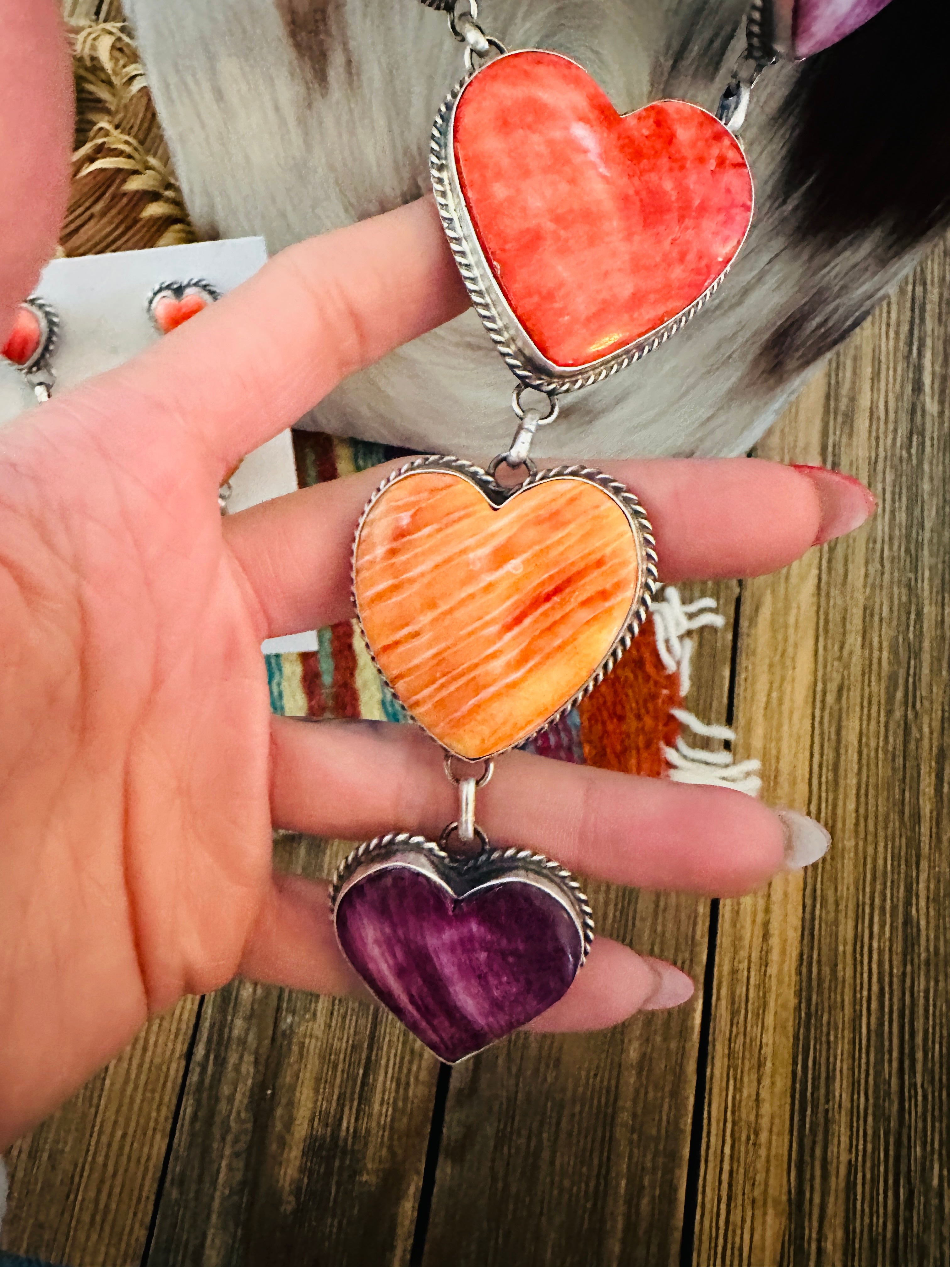 Handcrafted Spiny Oyster & Sterling Silver Heart Necklace and Earring Set by Debra Smith