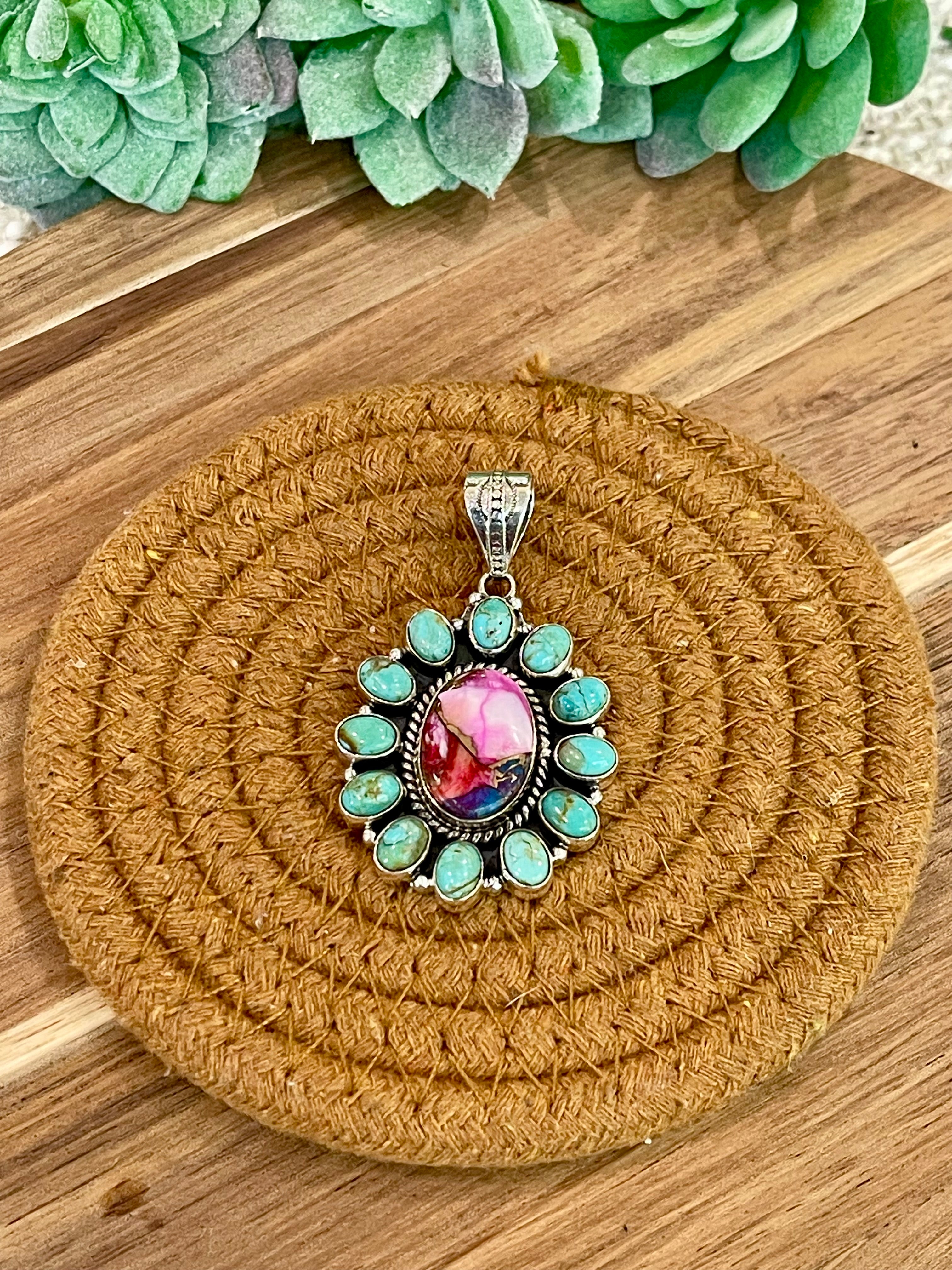 Handmade Sterling Silver,Turquoise & Pink Dream Mojave Cluster Pendant
