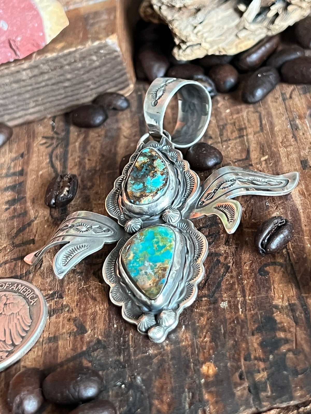 Kimari Somers Hand Stamped Sterling Silver and Turquoise Winged Bug Pendant