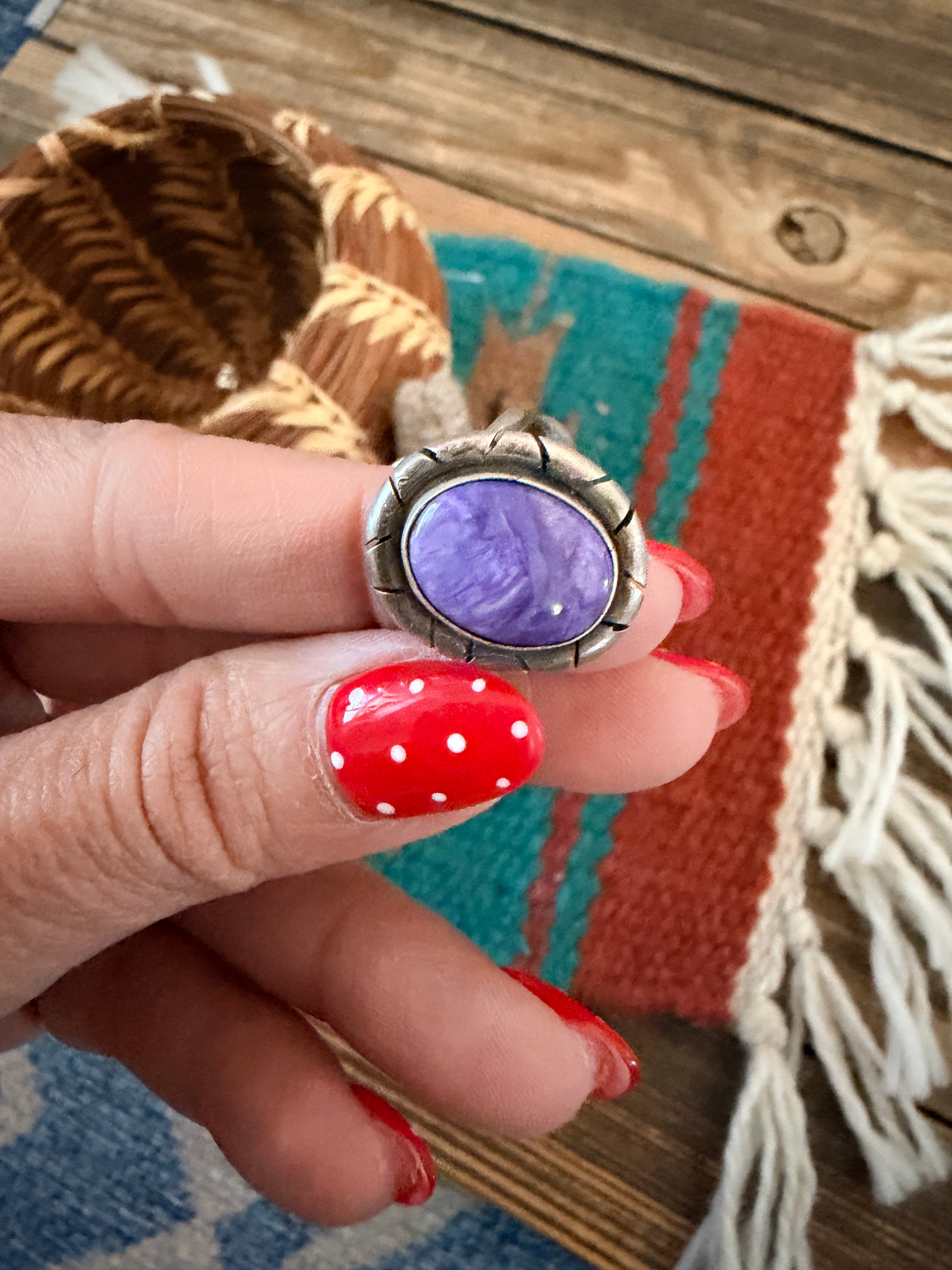 Handcrafted Charoite & Sterling Silver Ring Size 7