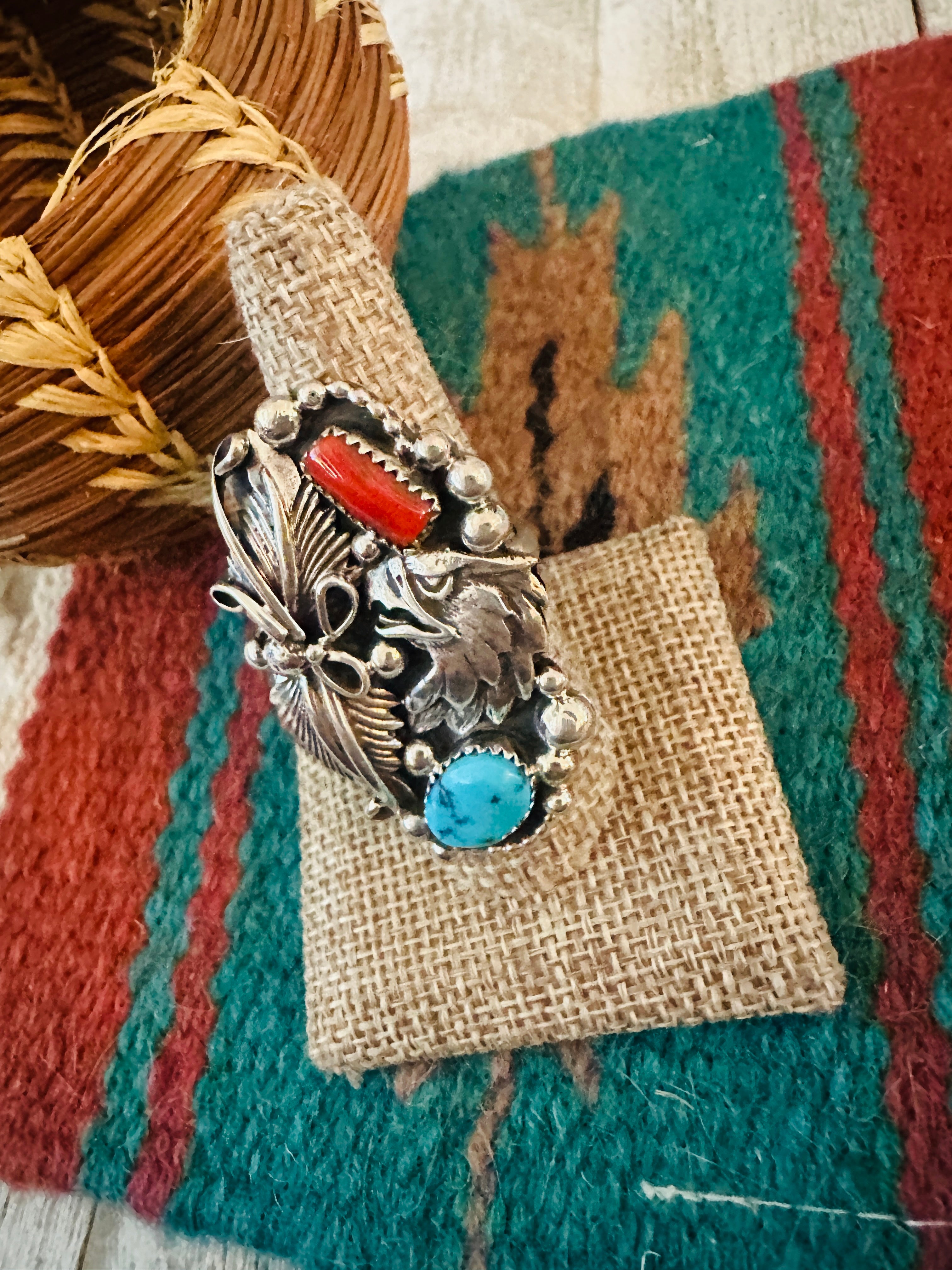 Handcrafted Turquoise, Coral & Sterling Silver Ring Size 9