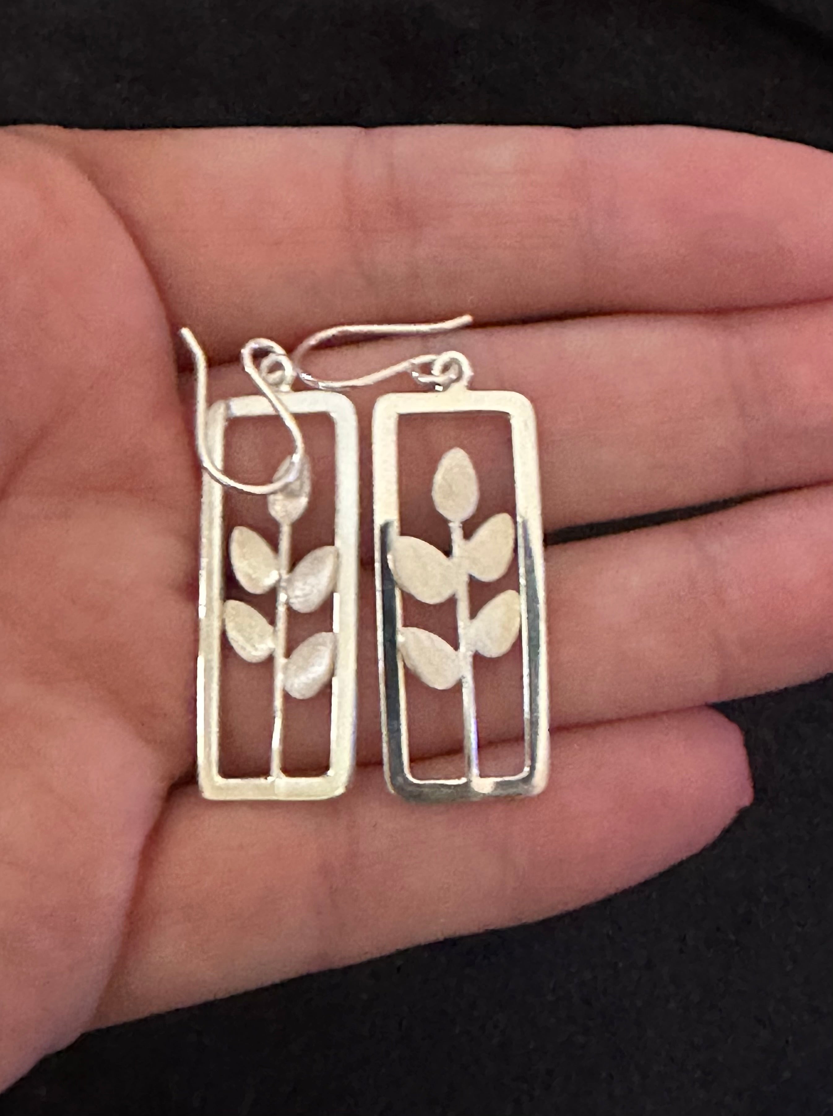 Leaves on Window Pane Sterling Silver Earrings on Hook