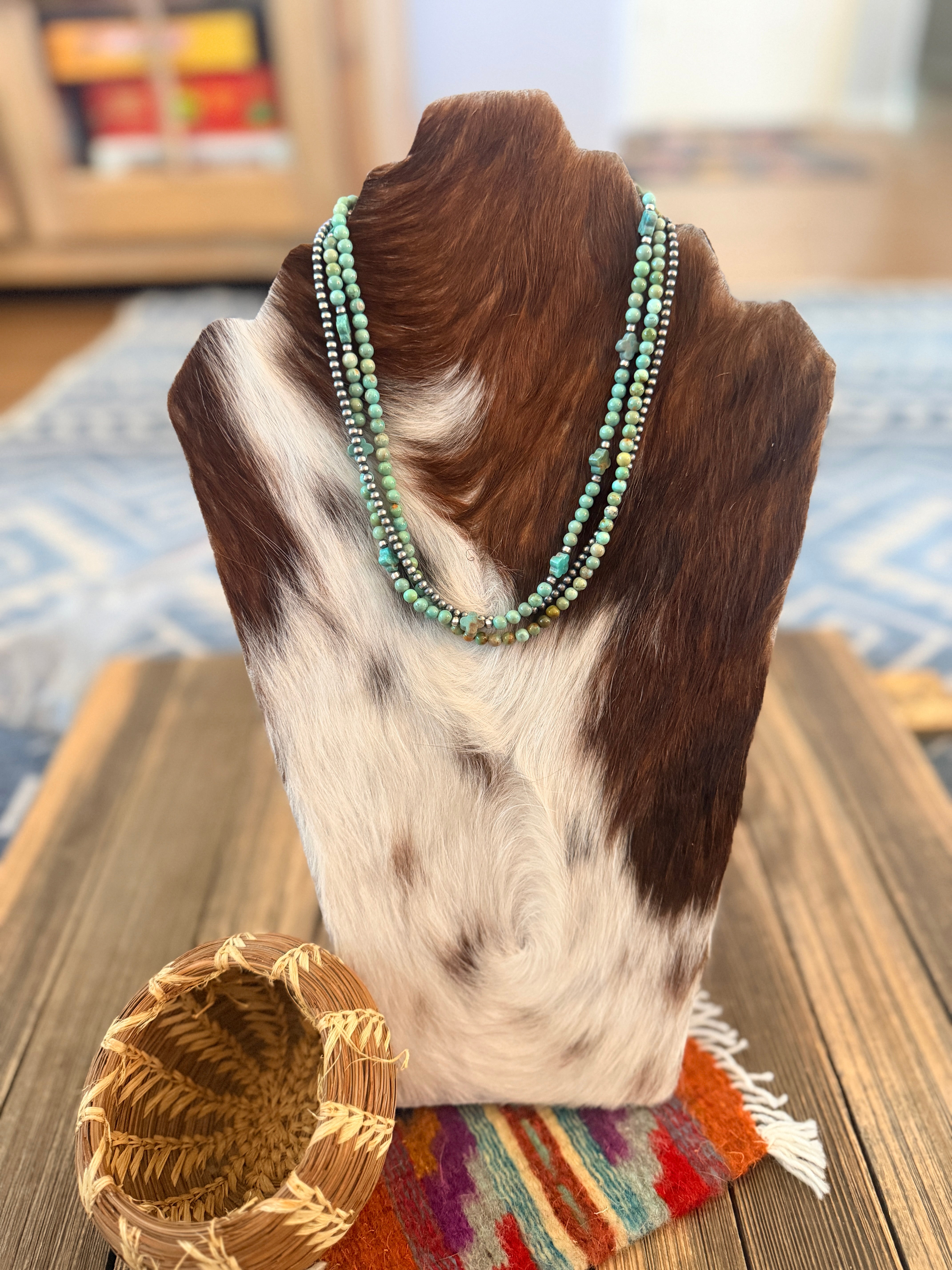 Handcrafted Turquoise and Sterling Silver Pearl Triple-Strand Beaded Necklace