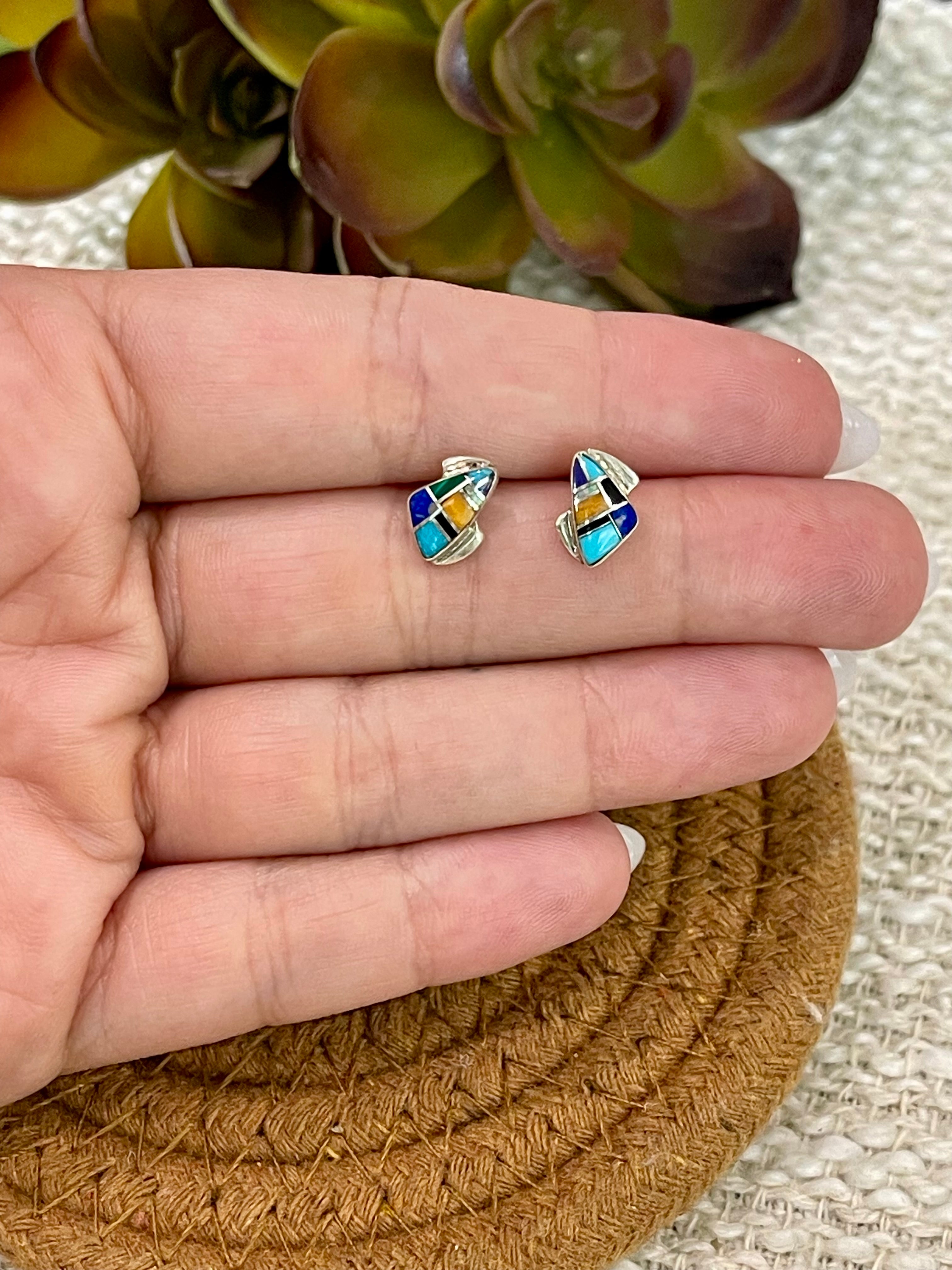 Beautiful Handmade Sterling Silver & Multi Stone Inlay Stud Earrings