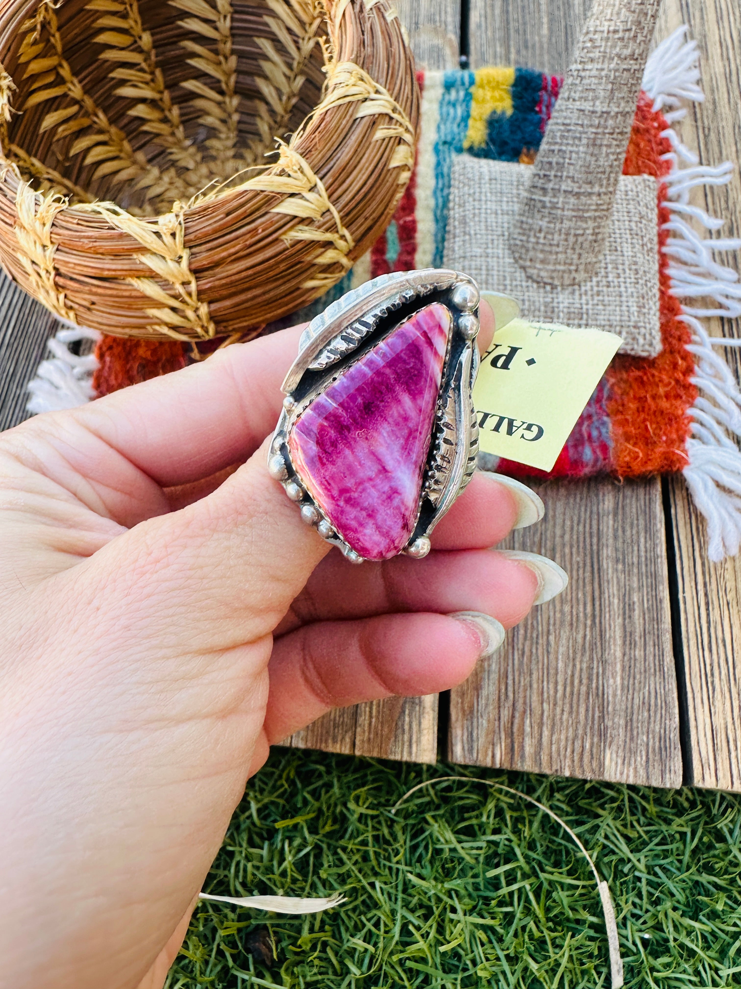 Old Pawn Handcrafted Purple Spiny & Sterling Silver Adjustable Ring