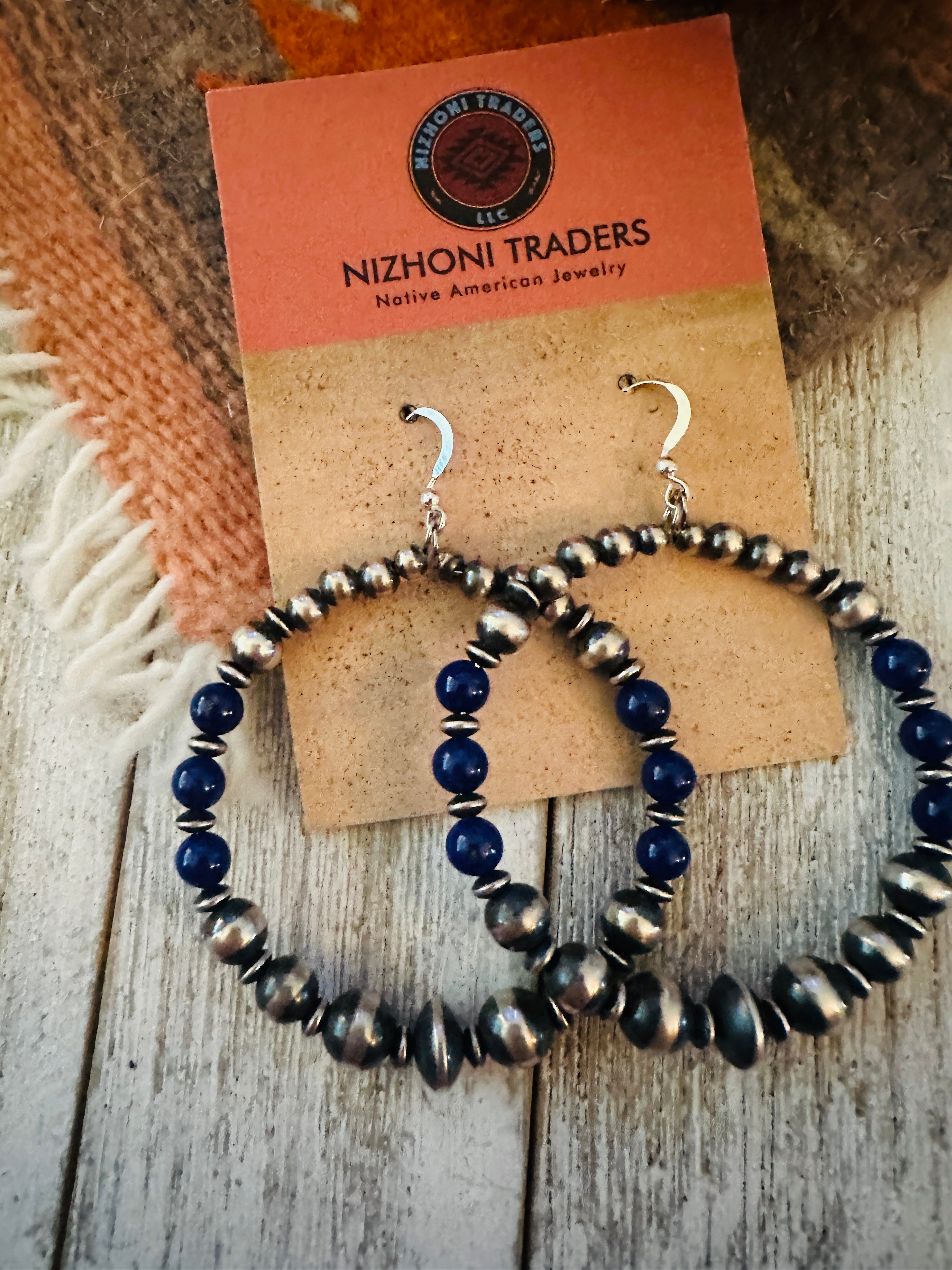 Handcrafted Lapis & Sterling Silver Pearl Beaded Dangle Hoop Earrings