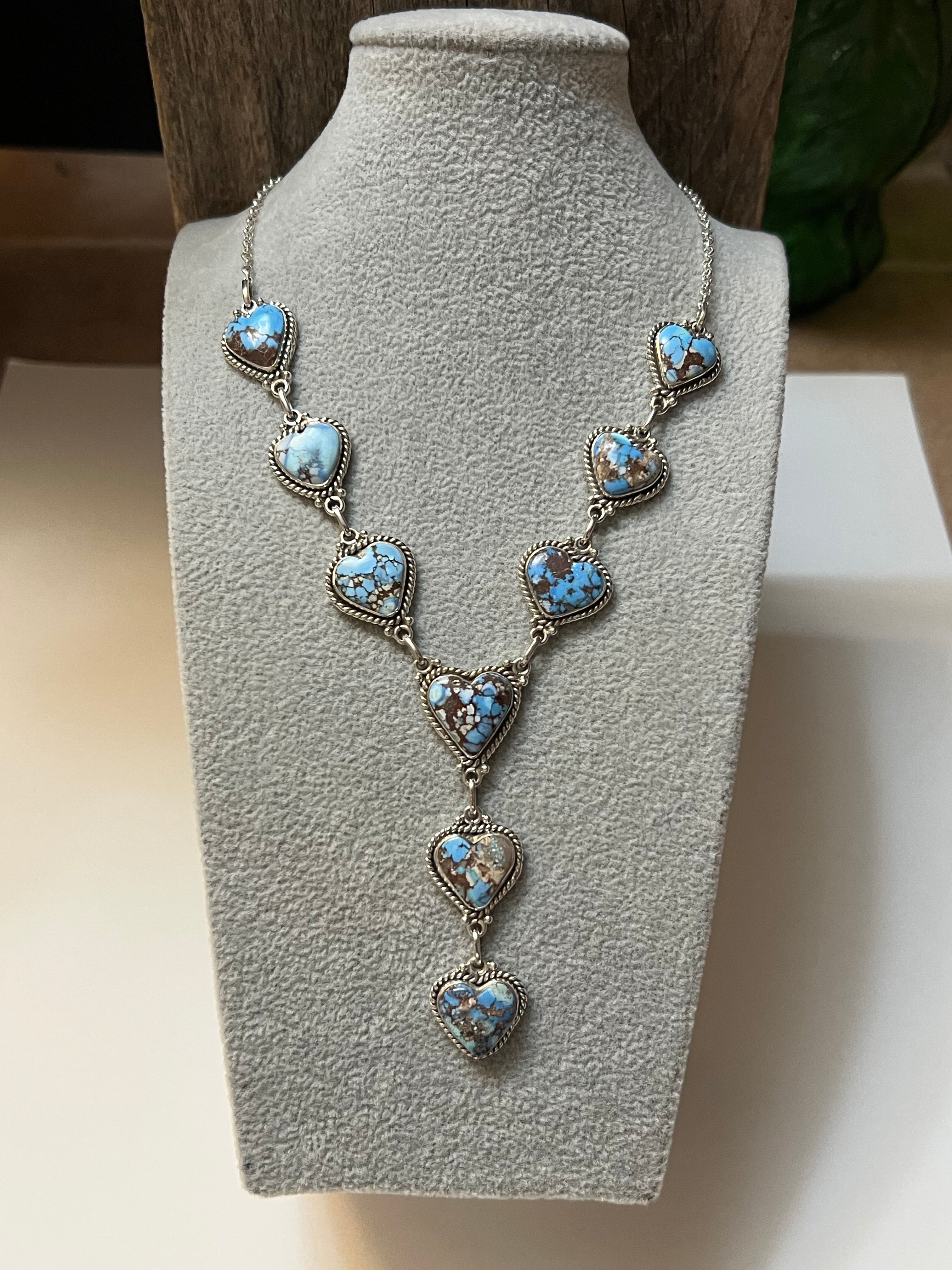 Handmade Sterling Silver & Golden Hills Turquoise 9 Heart Lariat Necklace