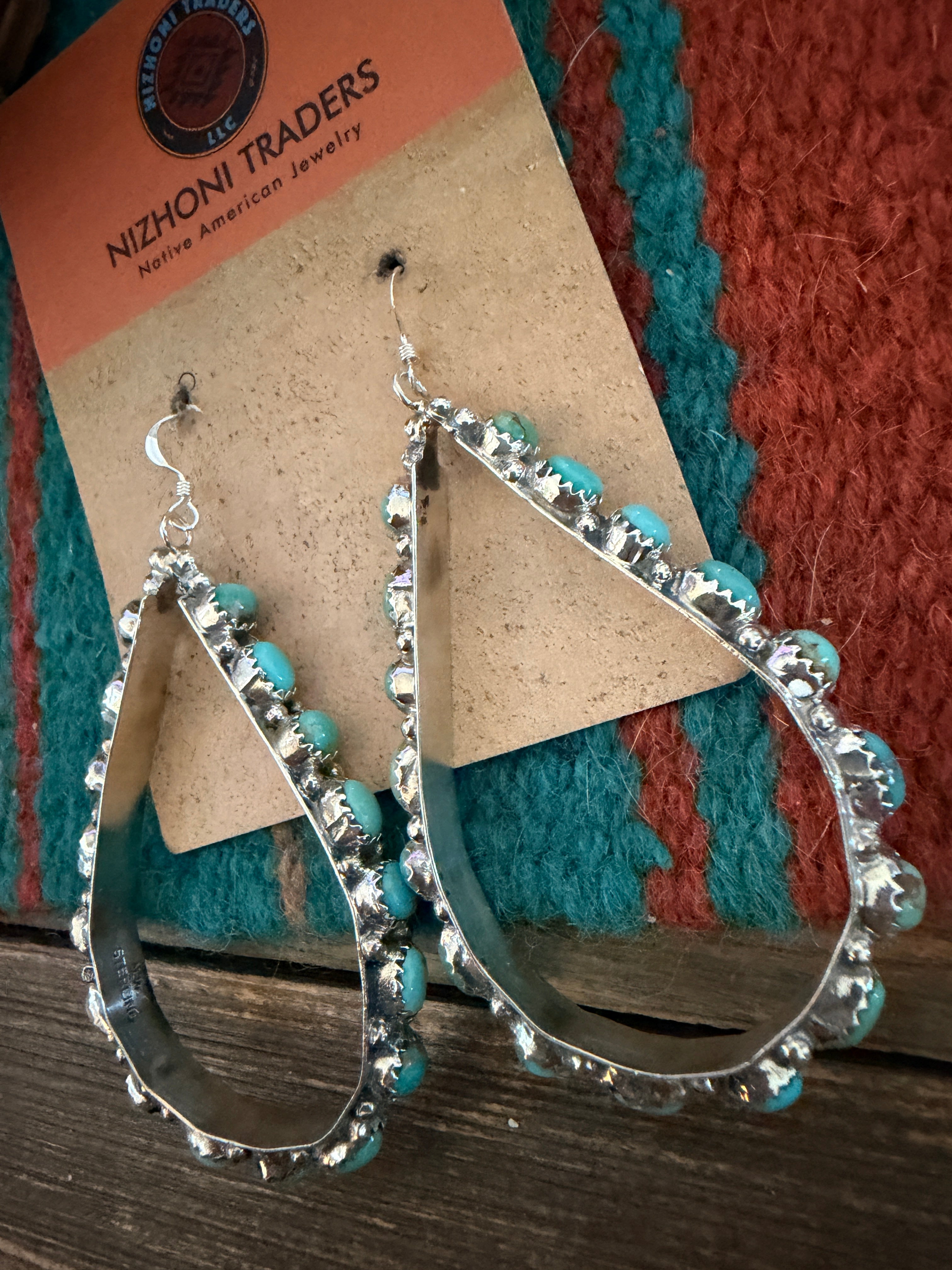 Handcrafted Turquoise & Sterling Silver Dangle Hoop Earrings