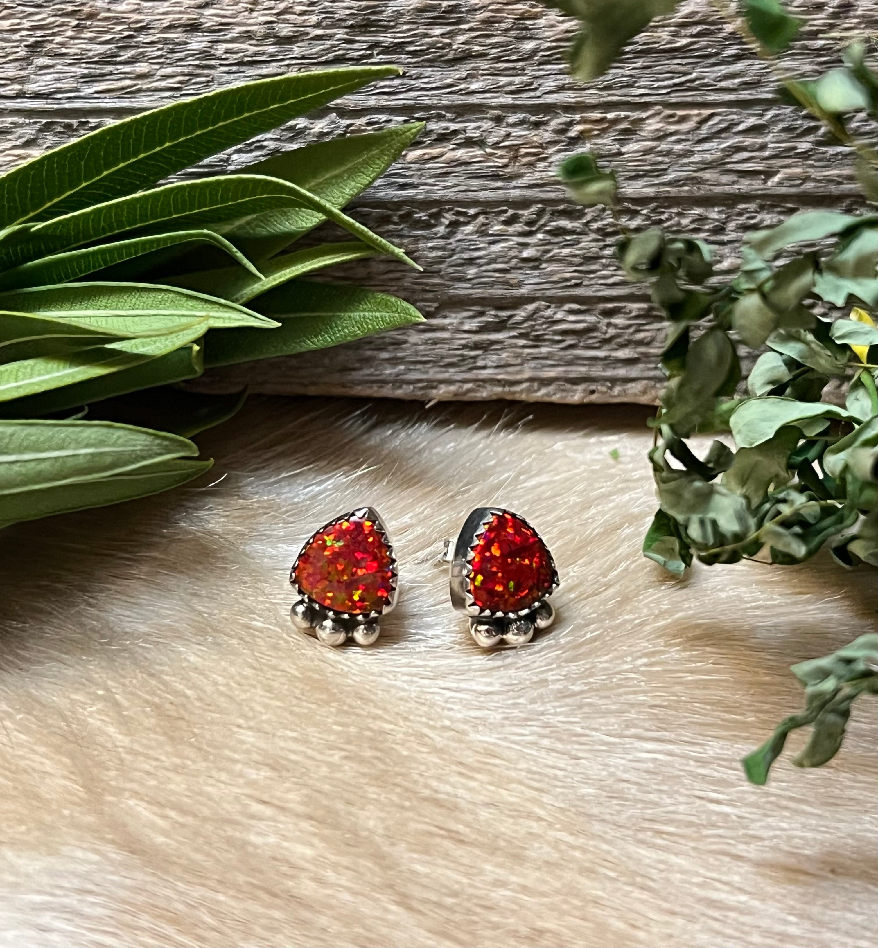 Handmade Fire Red Opal & Sterling Silver Stud Earrings