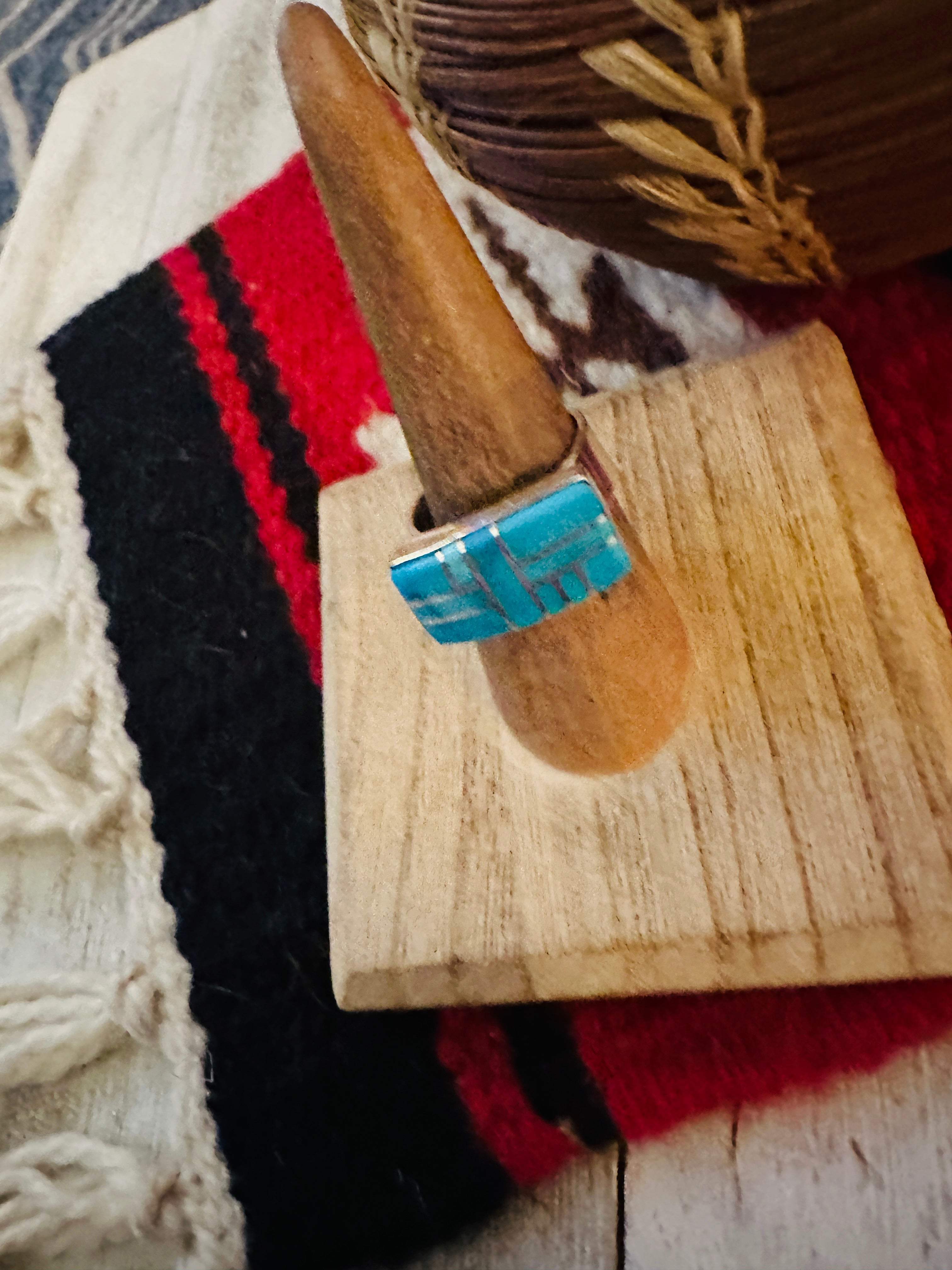 Navajo Turquoise & Sterling Silver Inlay Ring Size 7 by Julia Etsitty