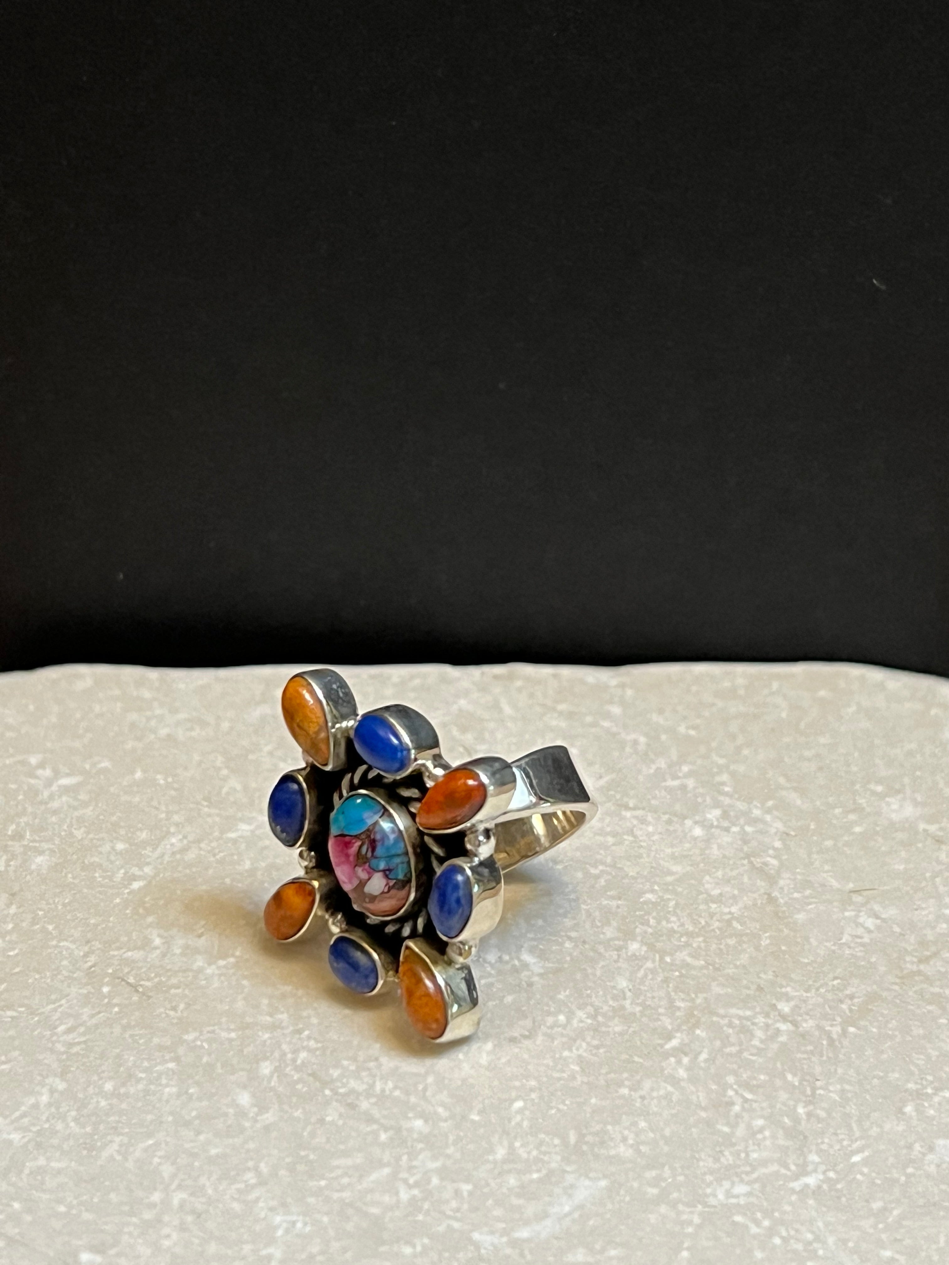 Handmade Sterling Silver Lapis, Orange Spiny, & Pink Dream Cluster Adjustable Ring