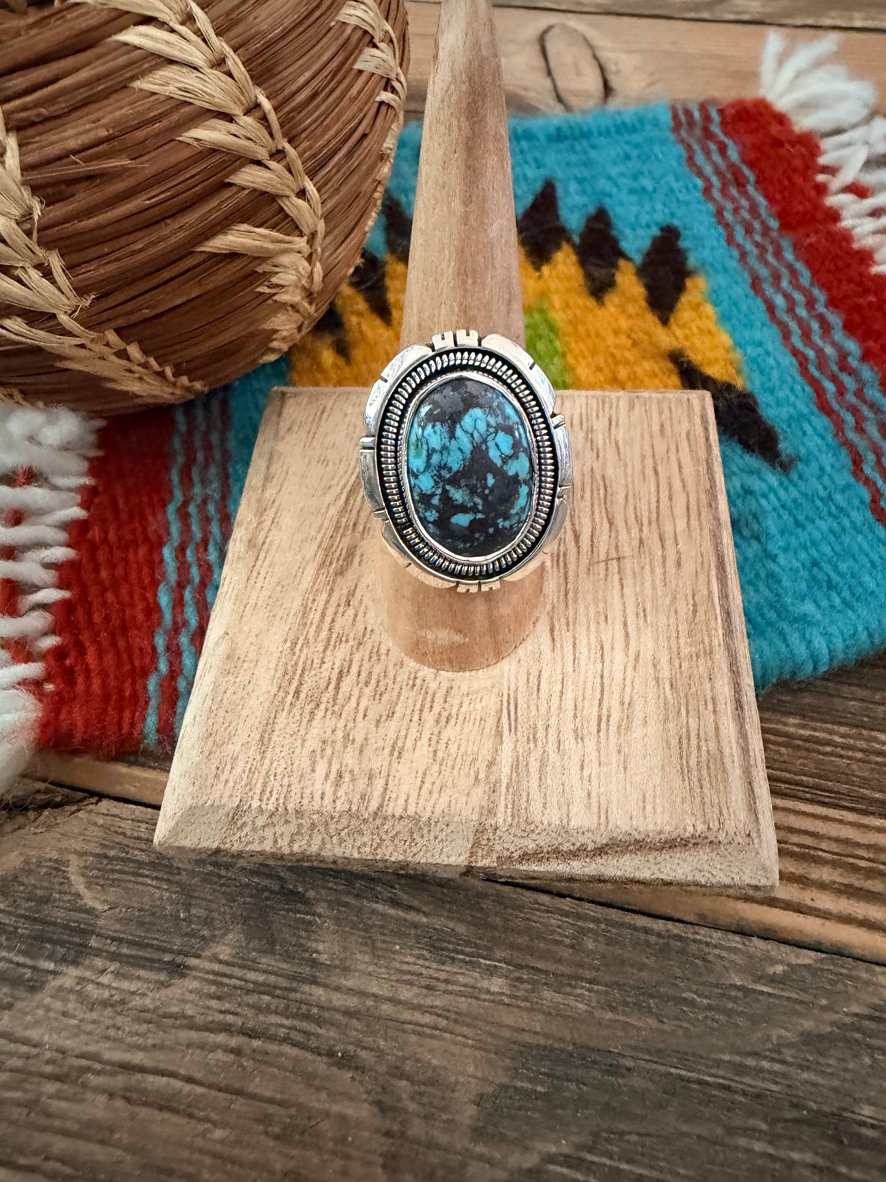 Handcrafted Turquoise & Sterling Silver Ring Size 8 by Wydell Billie
