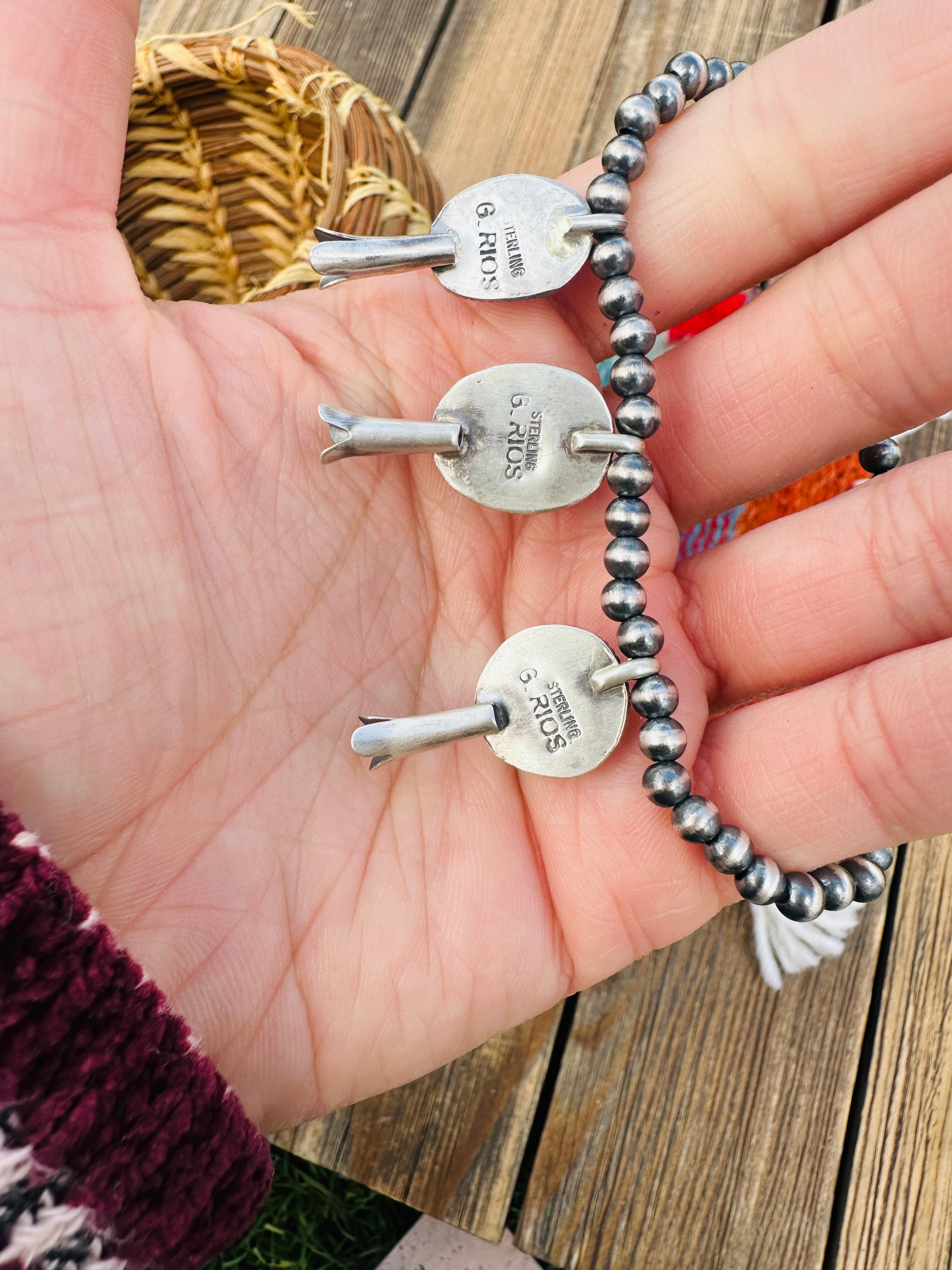 Handcrafted 3mm Sterling Silver Pearl, Turquoise & Spiny Oyster Blossom Stretch Bracelet