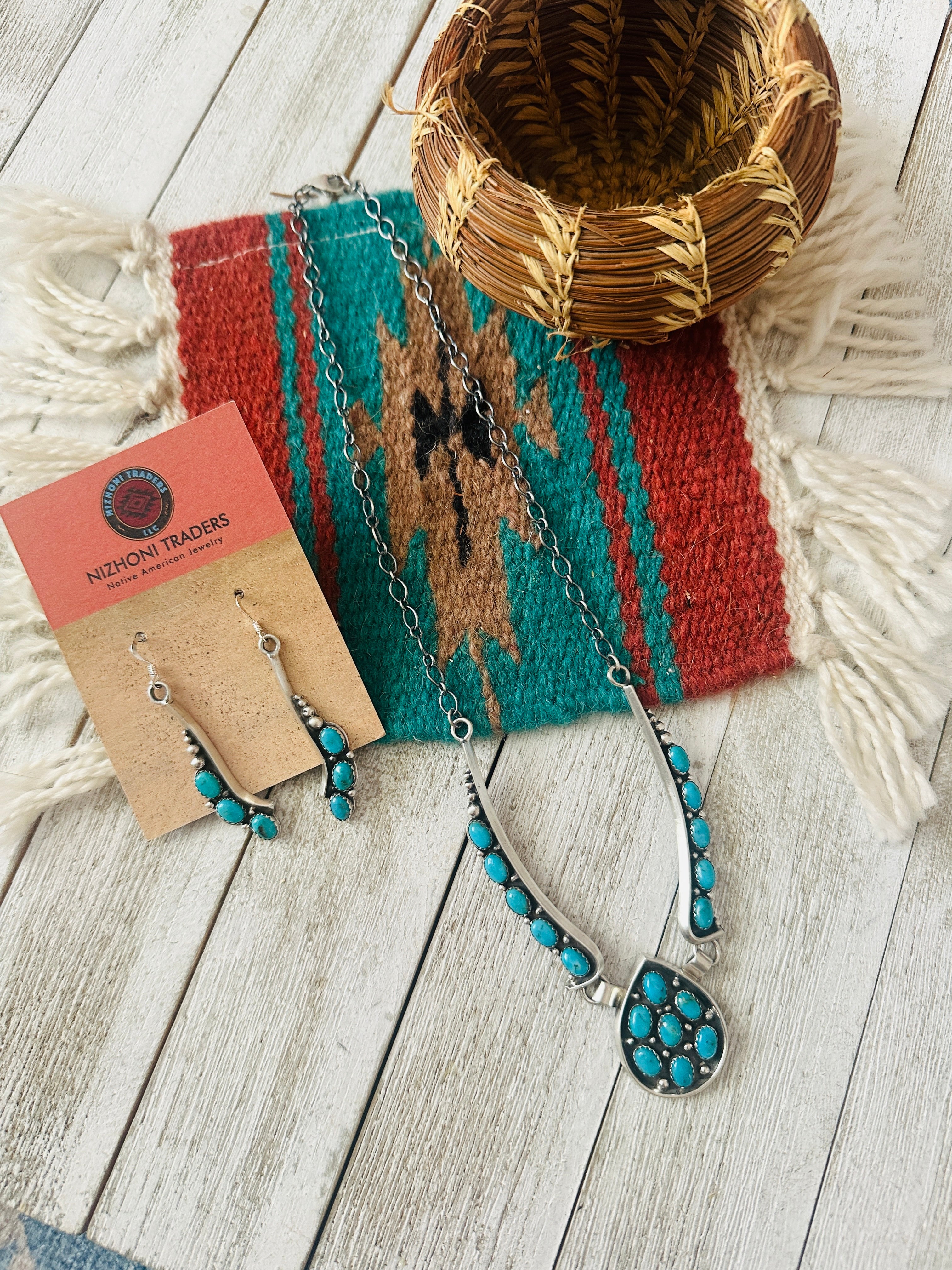 Navajo Sterling Silver & Turquoise Cluster Necklace and Earring Set