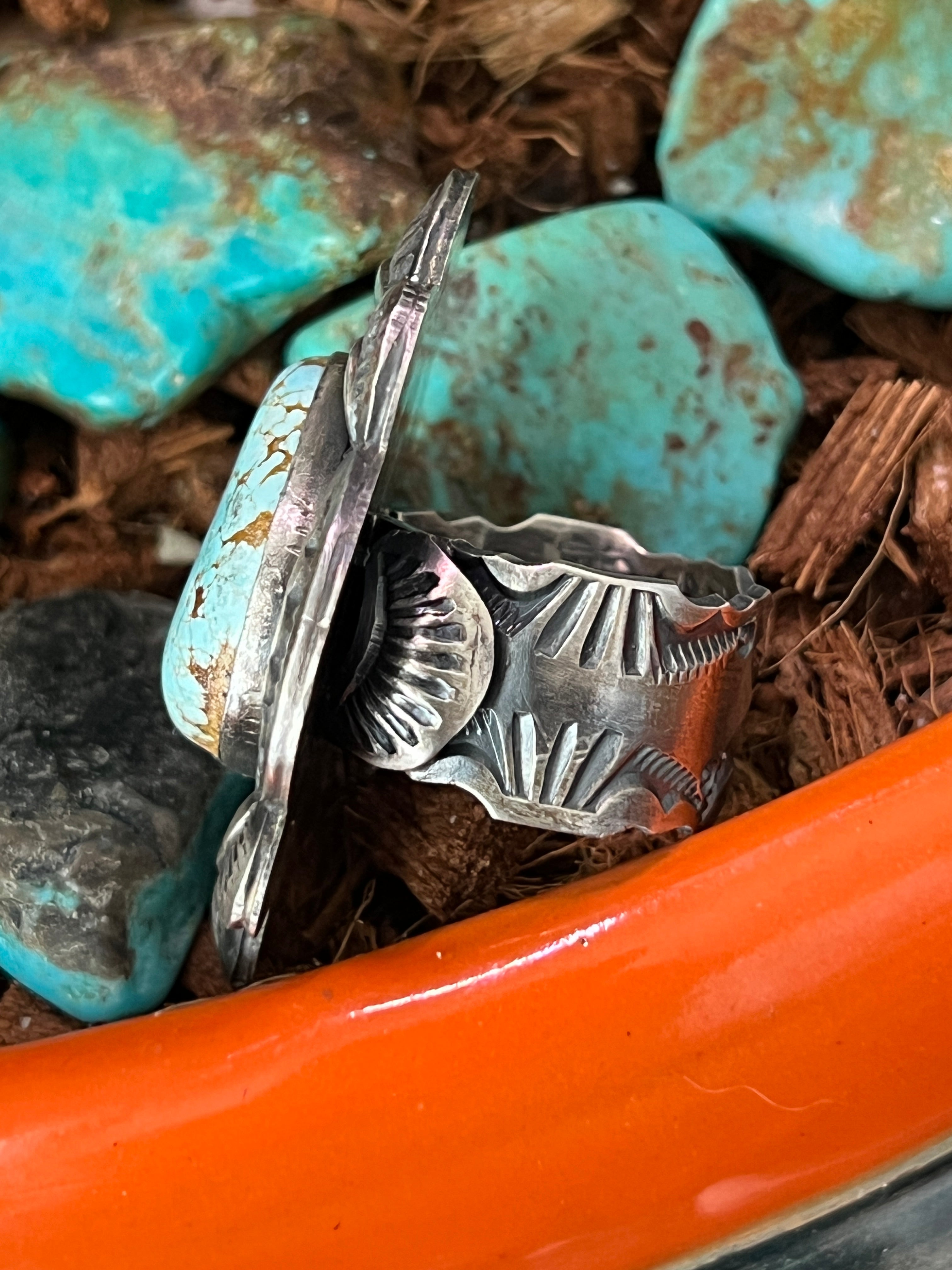 Handcrafted Sterling Silver and Number 8 Turquoise Ring by Artist, Gilbert Tom, Size 10.5