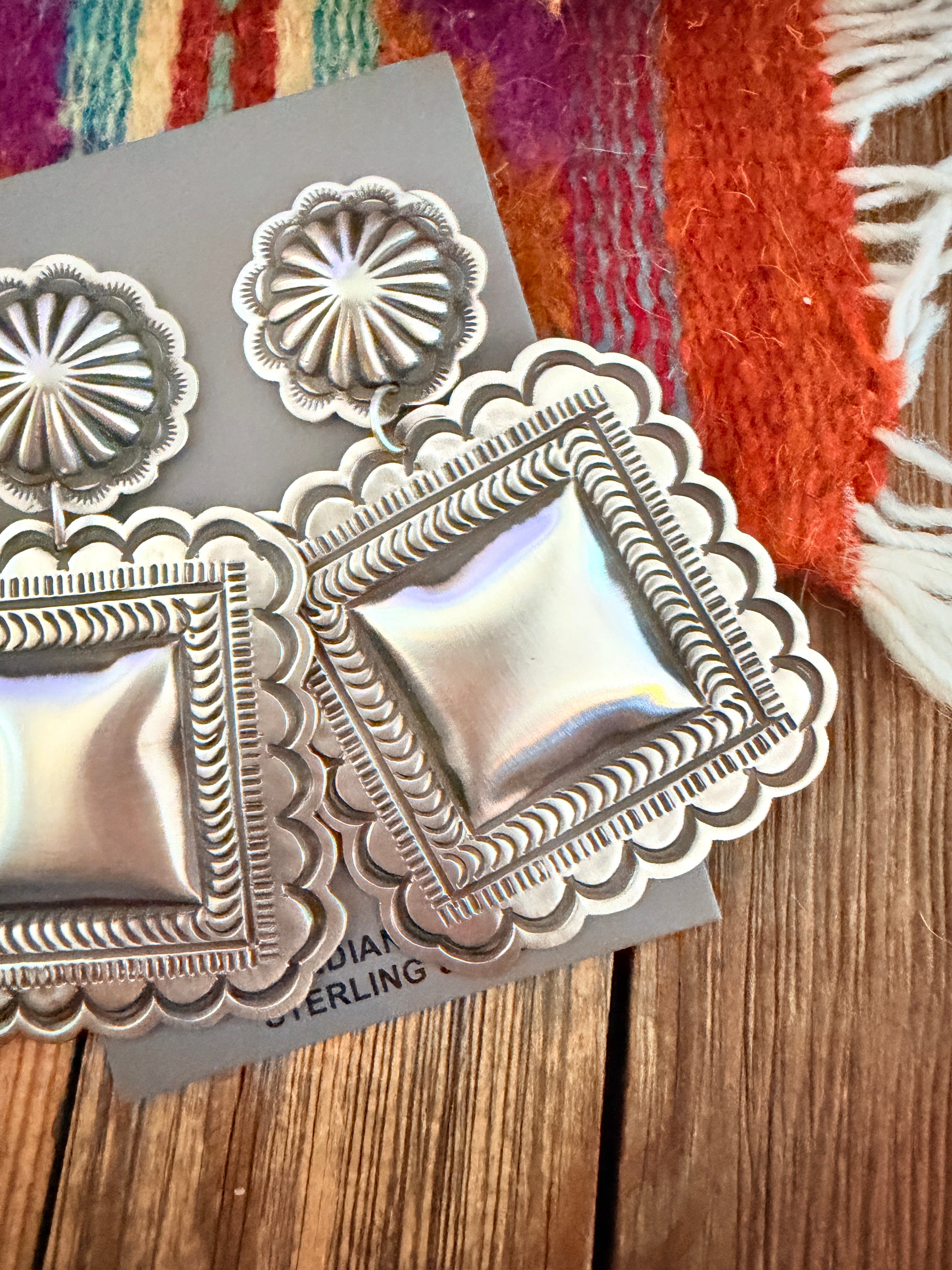 Handcrafted Sterling Silver Concho Dangle Earrings by Leander Tahe