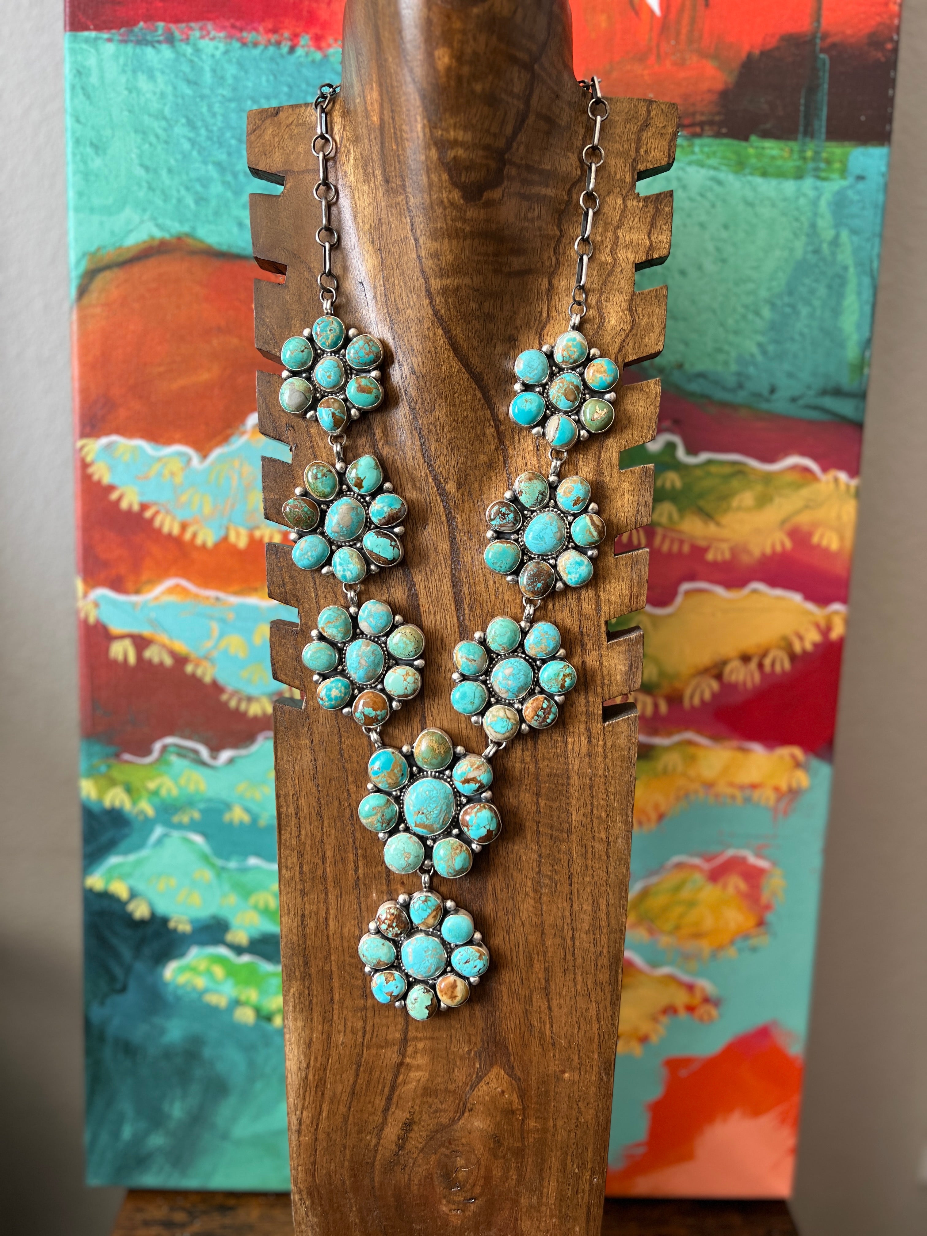 Handcrafted Big Mama Sterling Silver and Royston Turquoise Cluster Necklace with Matching Earrings by Sheila Becenti
