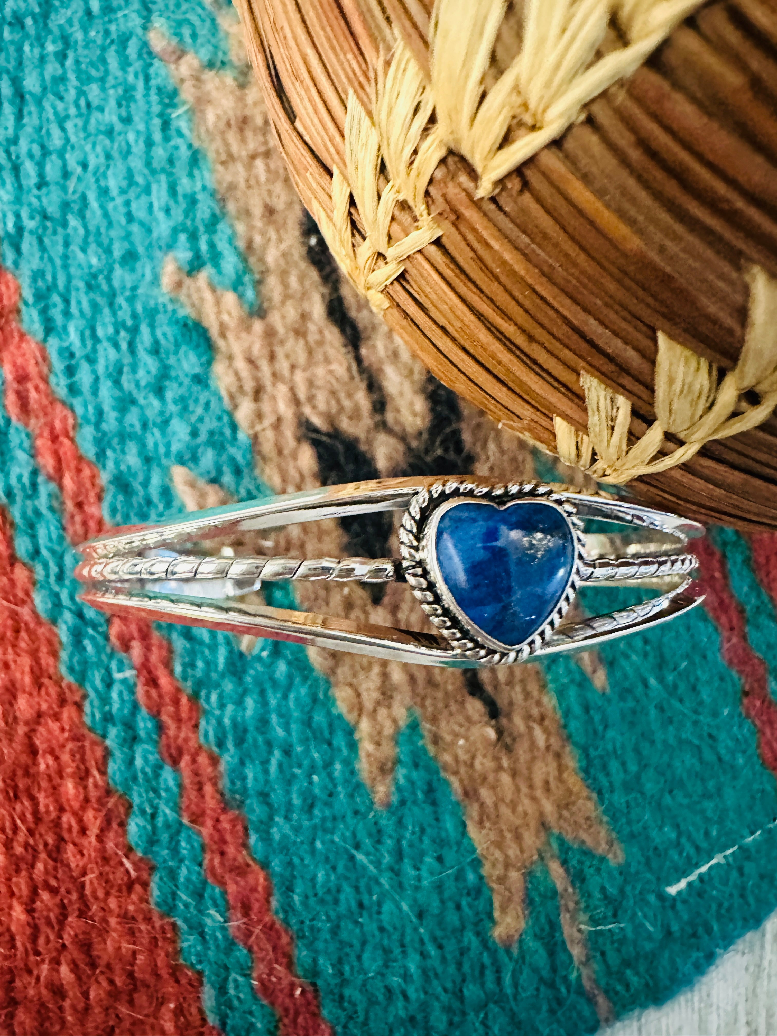 Navajo Sterling Silver & Lapis Heart Cuff Bracelet