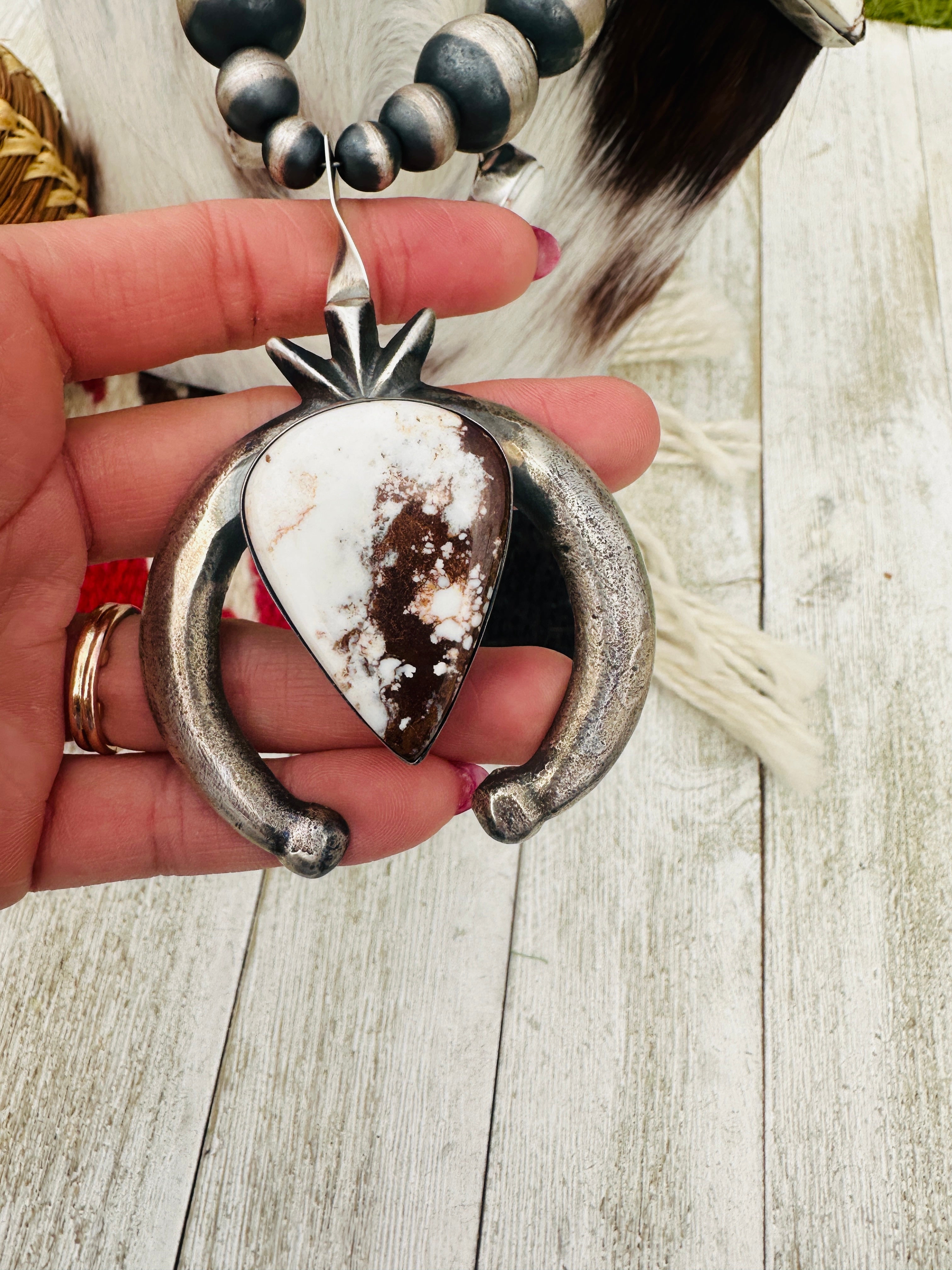 Handcrafted Wild Horse & Sterling Silver Beaded Squash Blossom Necklace by Chimney Butte