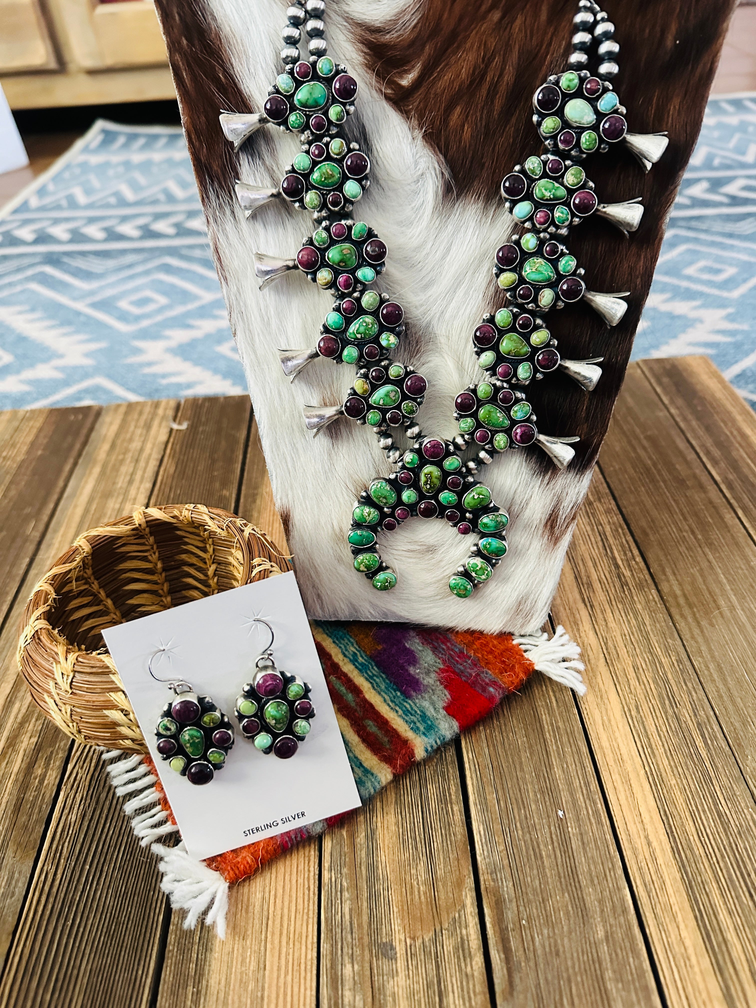 Handcrafted Sterling Silver, Turquoise & Spiny Oyster Squash Blossom Necklace Set by Louise Jim