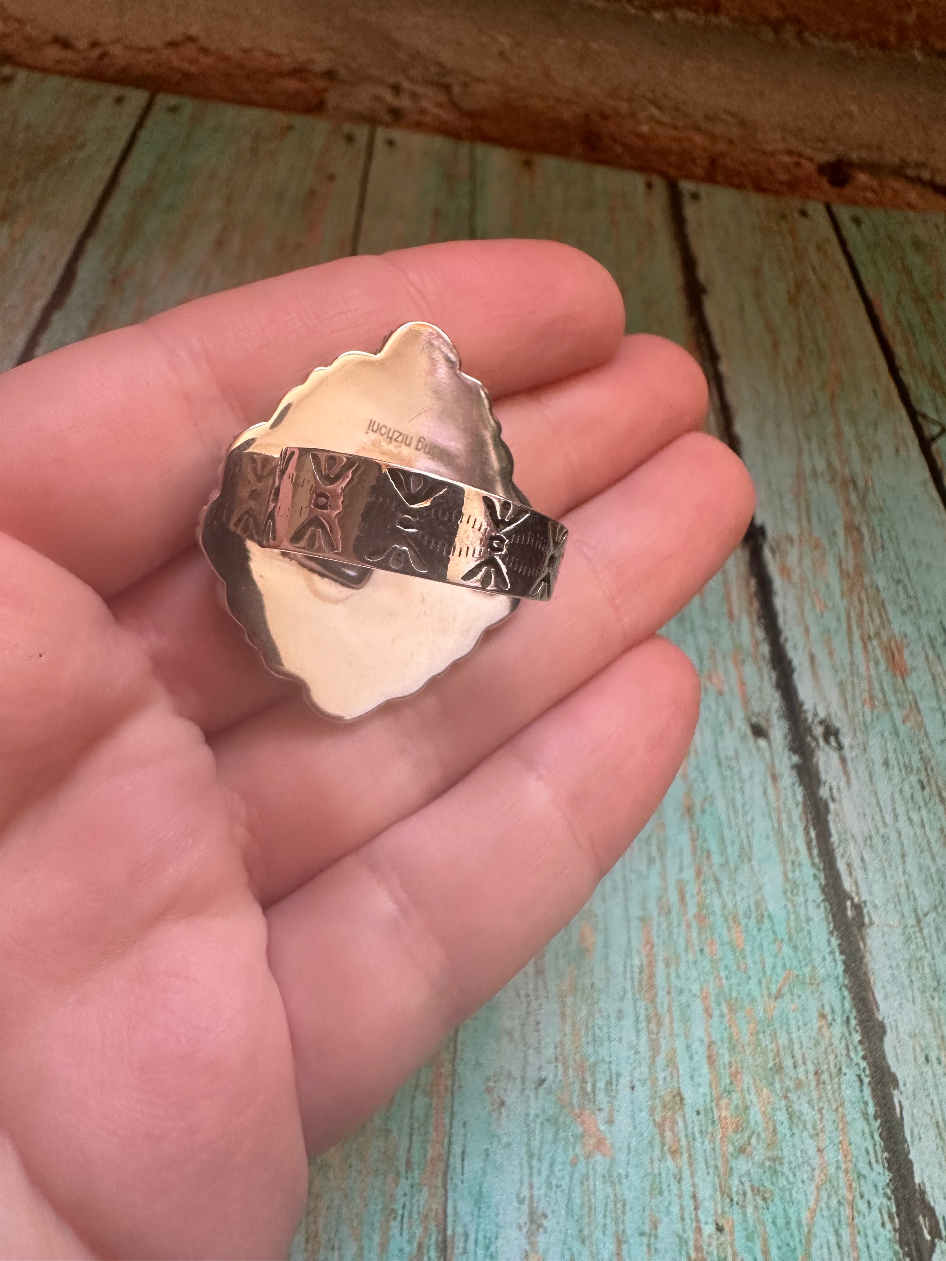 Handmade Adjustable Pink Conch, Purple Fire Opal & Sterling Silver Ring- Tear Drop