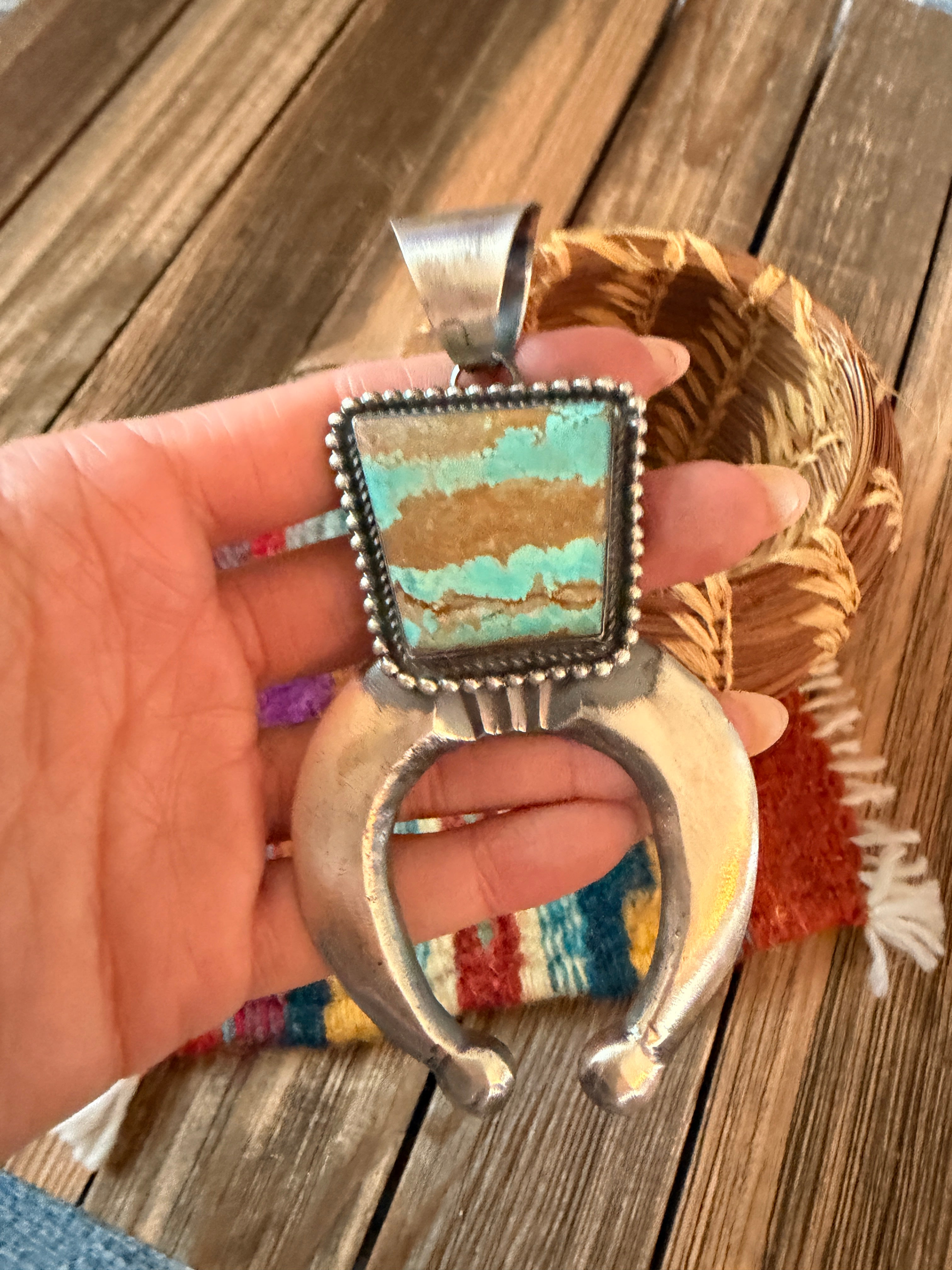 Handcrafted Sterling Silver & Number 8 Turquoise Naja Pendant by Chimney Butte