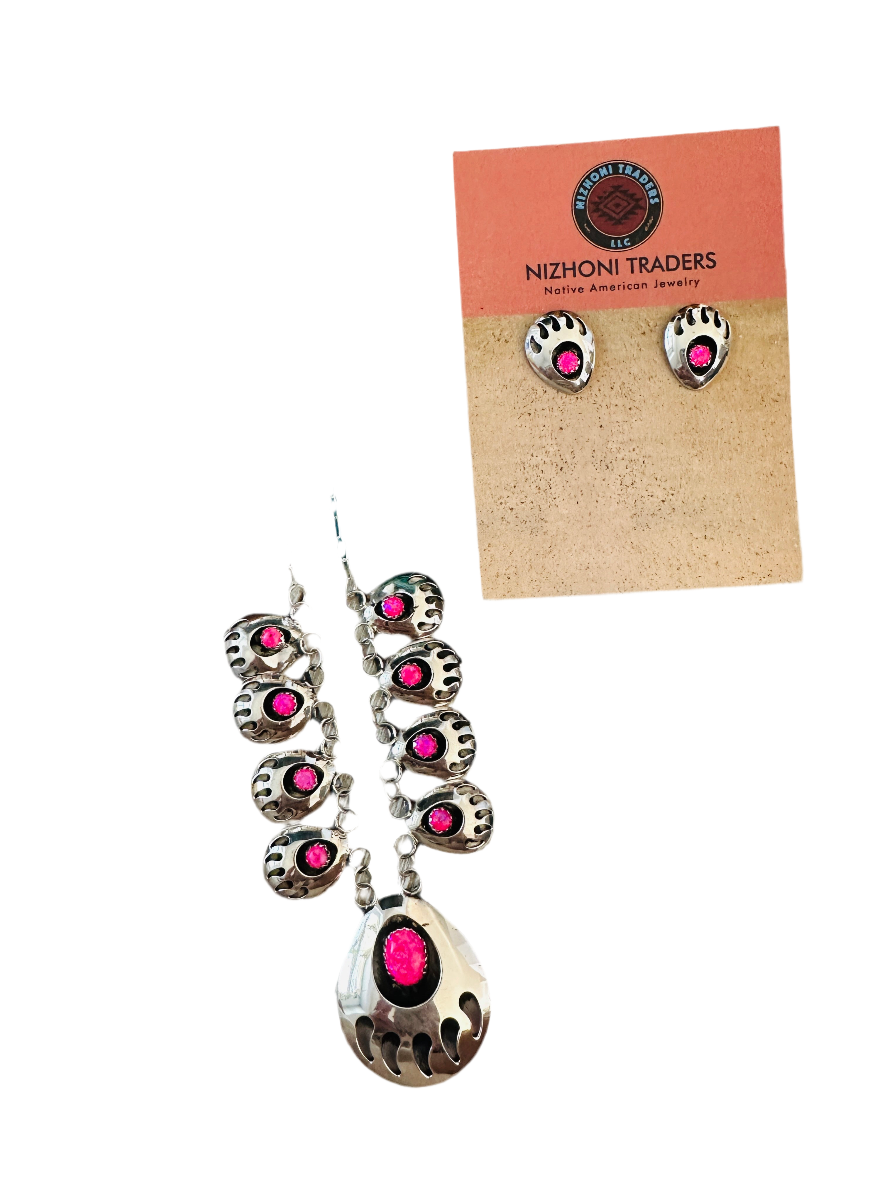 Handcrafted Sterling Silver & Pink Opal Bear Paw Necklace & Earring Set