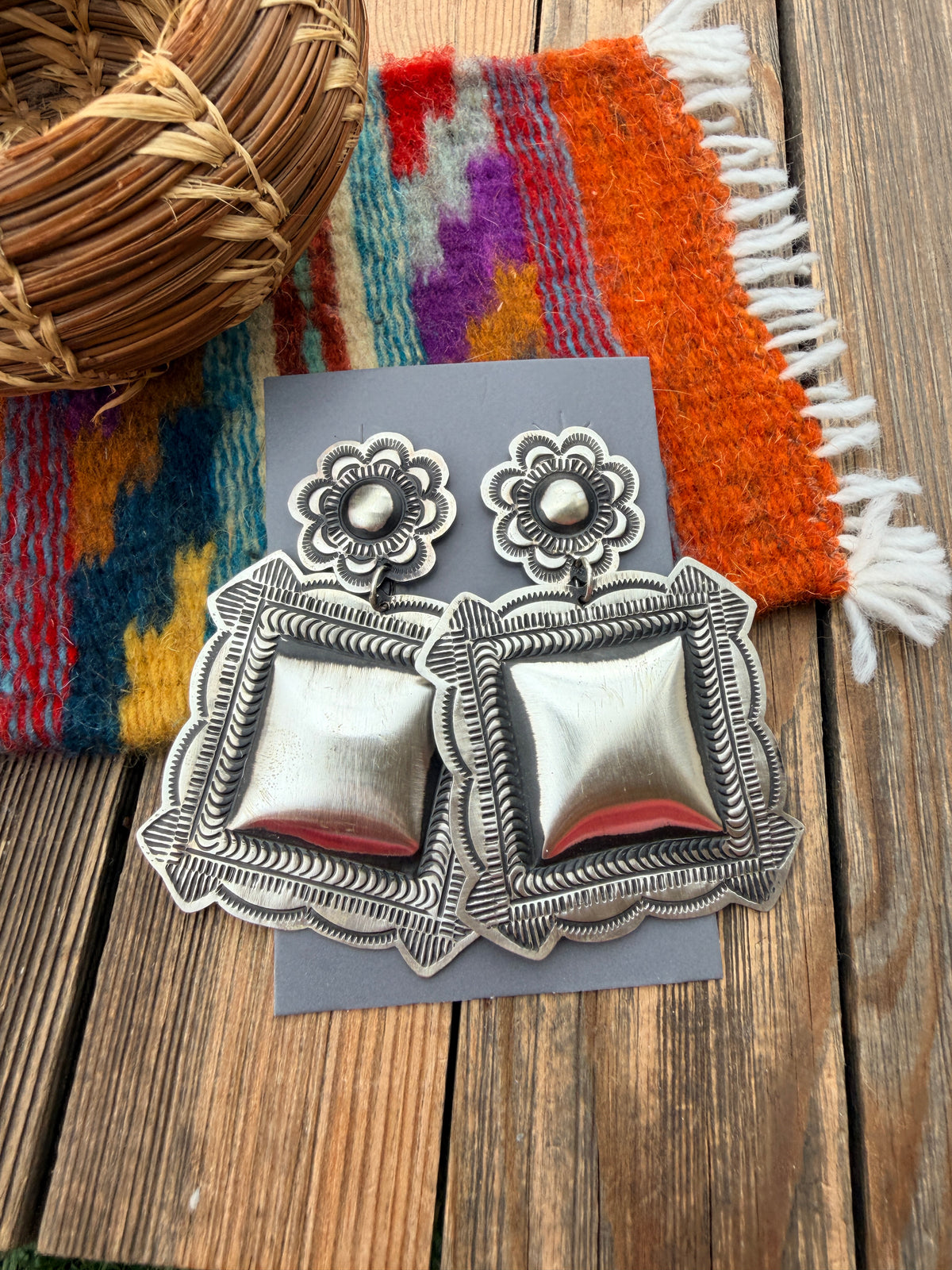Handcrafted Sterling Silver Concho Dangle Earrings by Leander Tahe