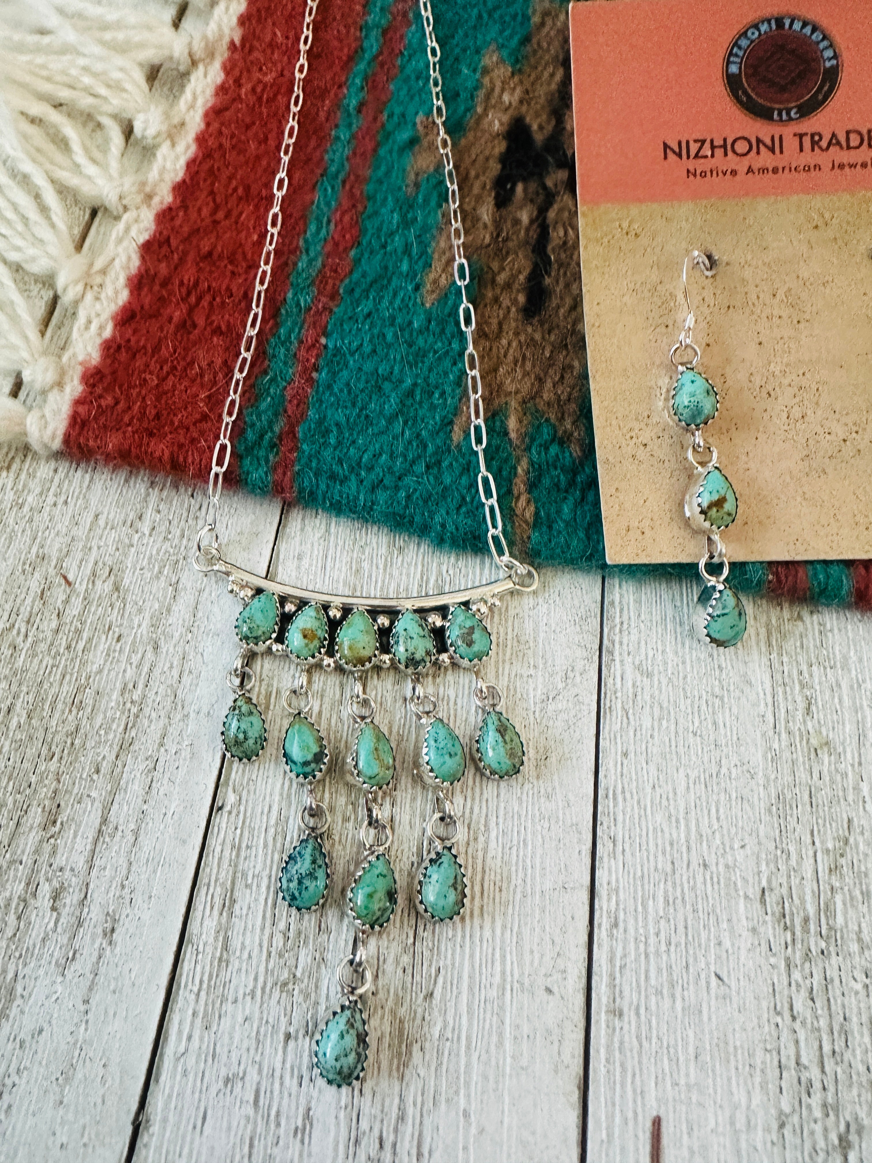 Handcrafted Sterling Silver & Turquoise Chandelier Necklace and Earring Set