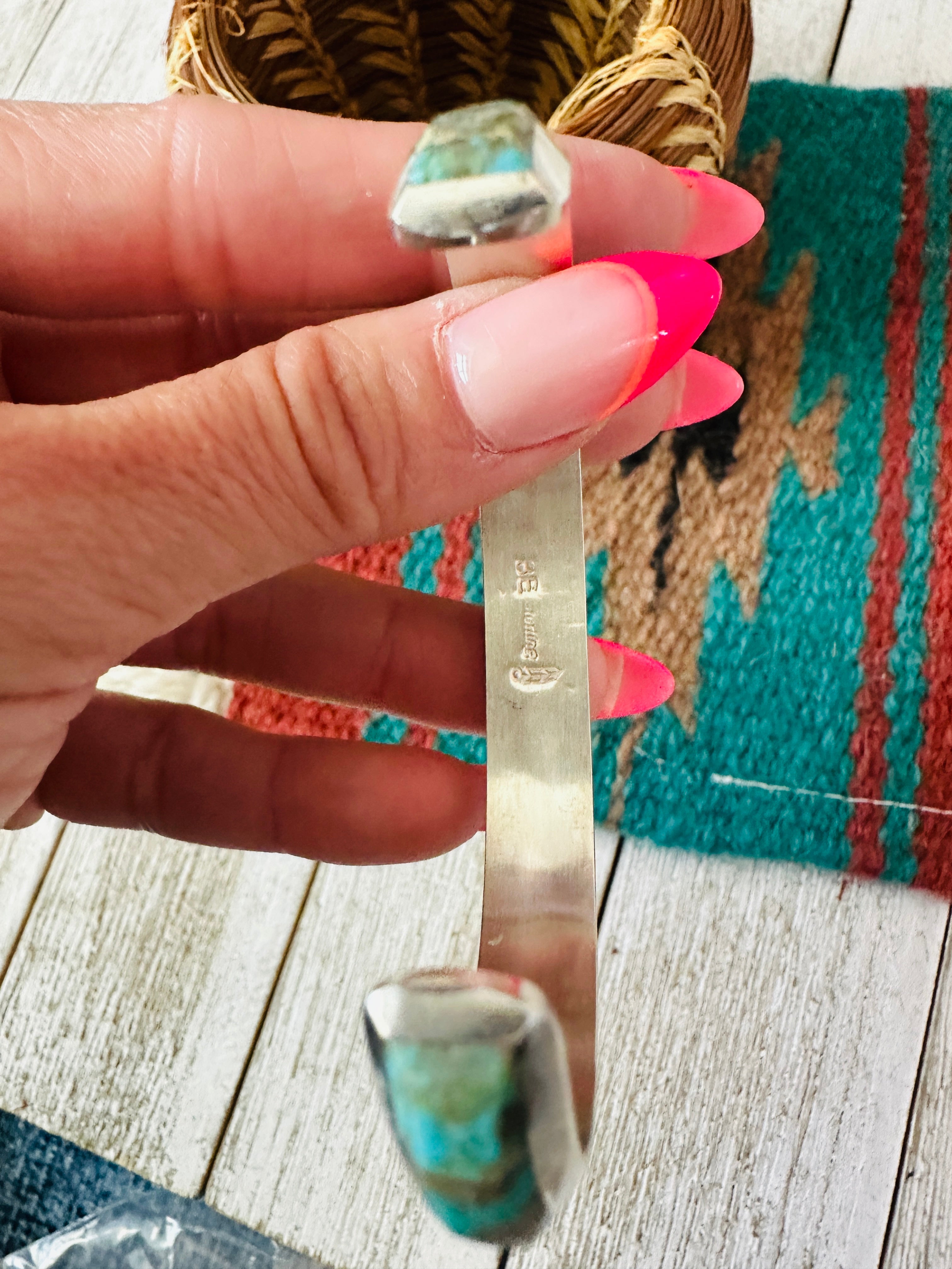 Handcrafted Number 8 Turquoise & Sterling Silver Inlay Cuff Bracelet