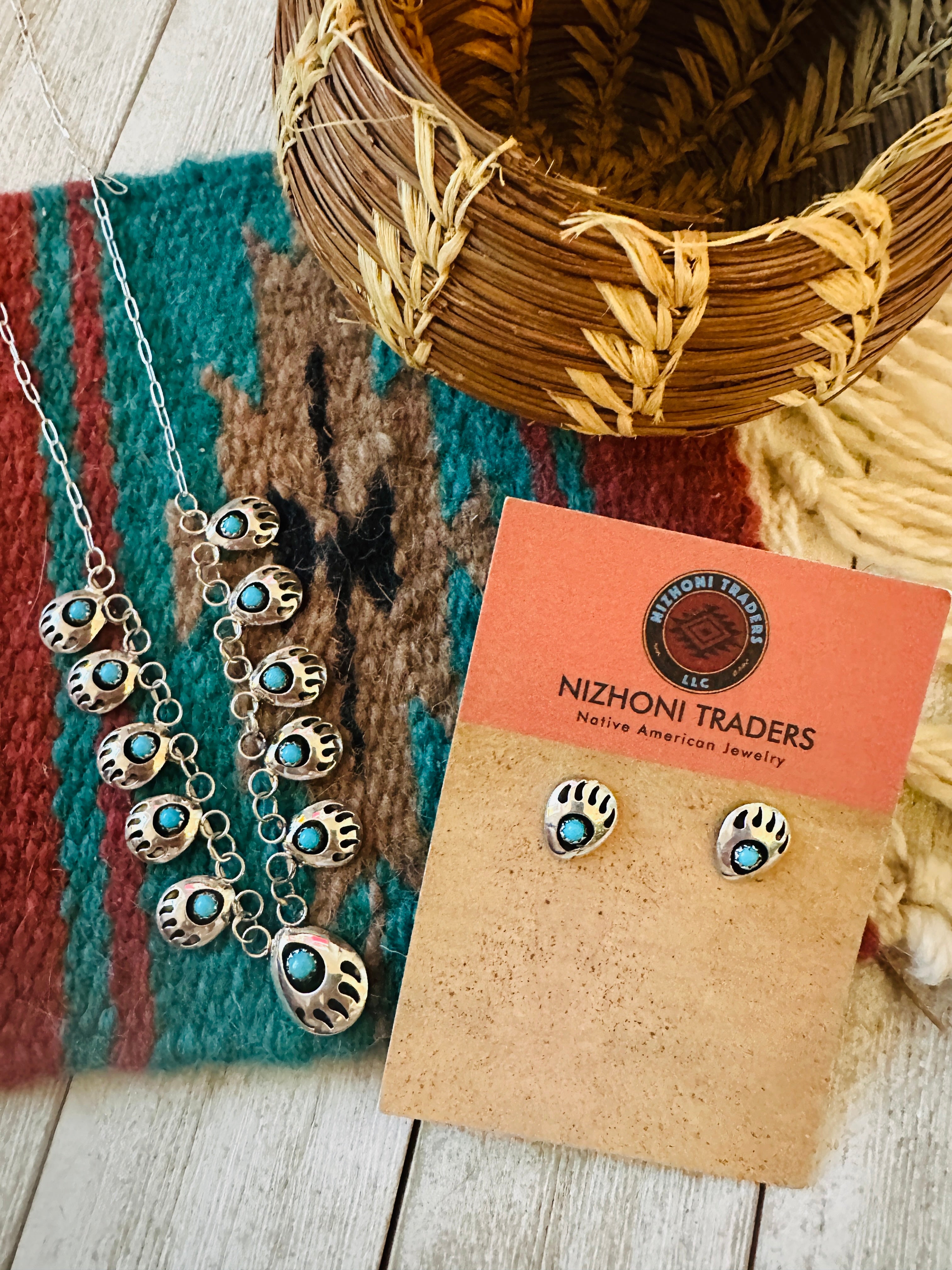 Handcrafted Sterling Silver & Turquoise Bear Paw Necklace & Earring Set