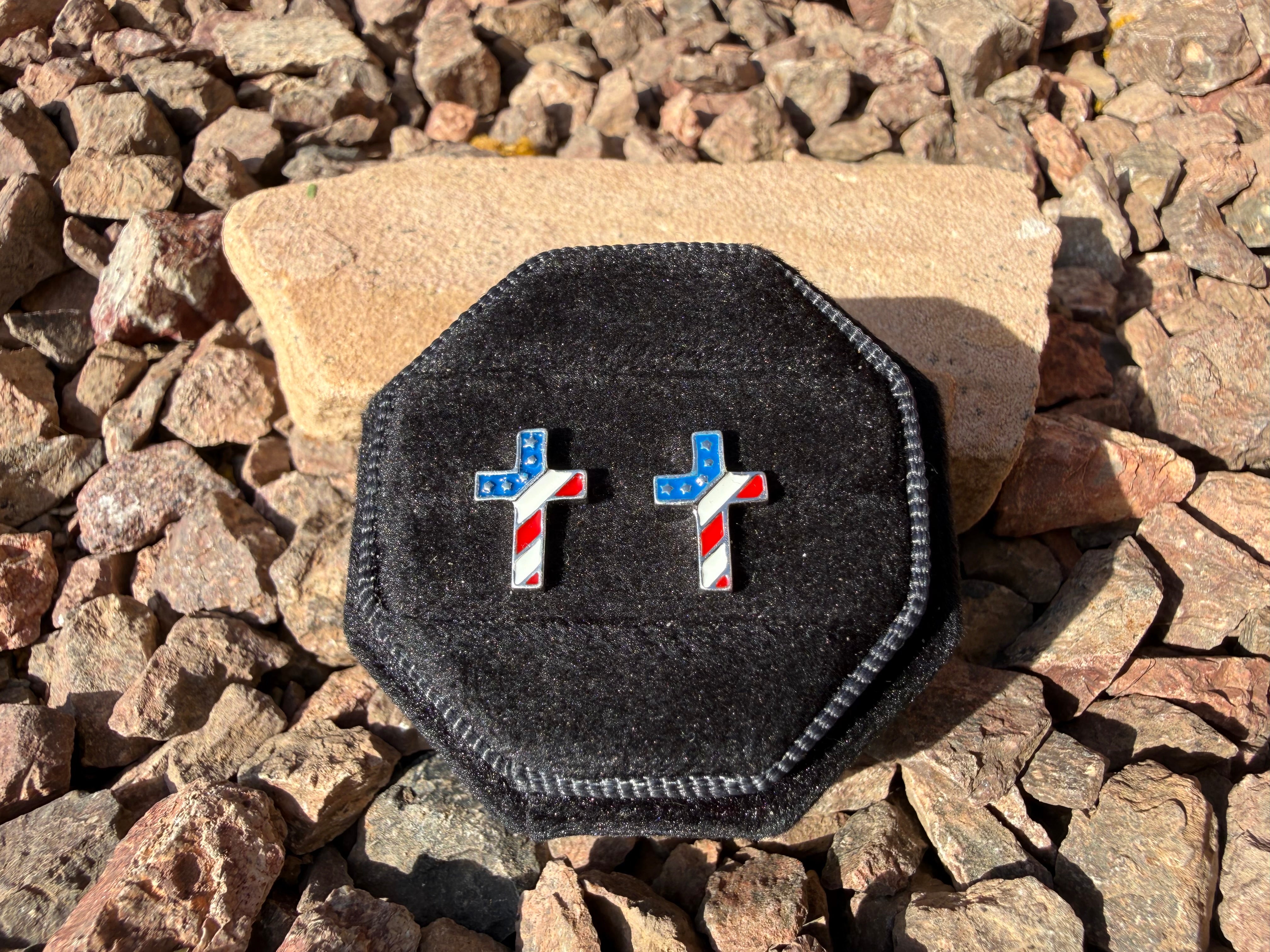 "Fourth Of July" American Flag Cross Sterling Silver Stud Earrings