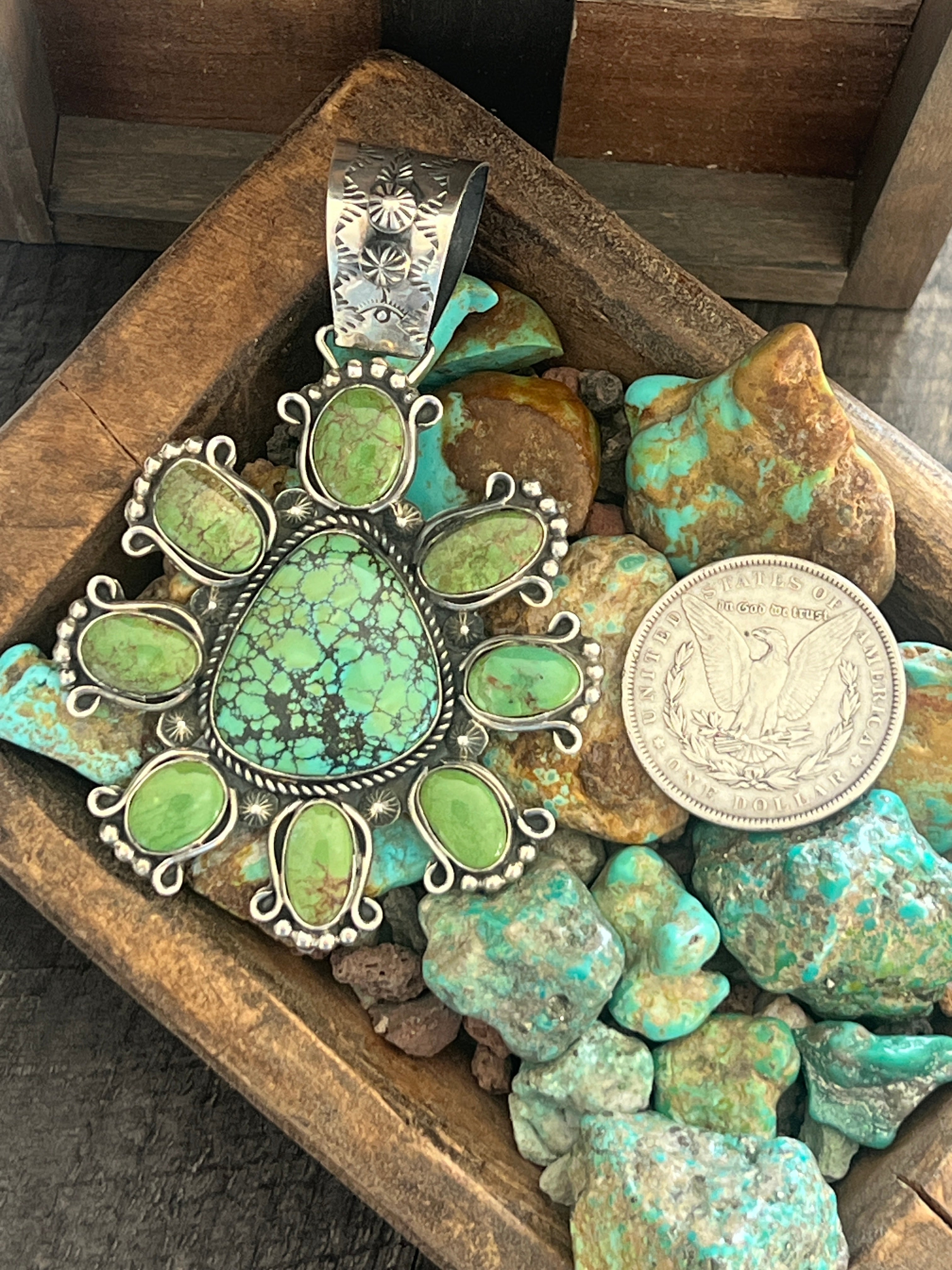 Sterling Silver, Hubei & Egyptian Turquoise Cluster Pendant by Rosella Paxson
