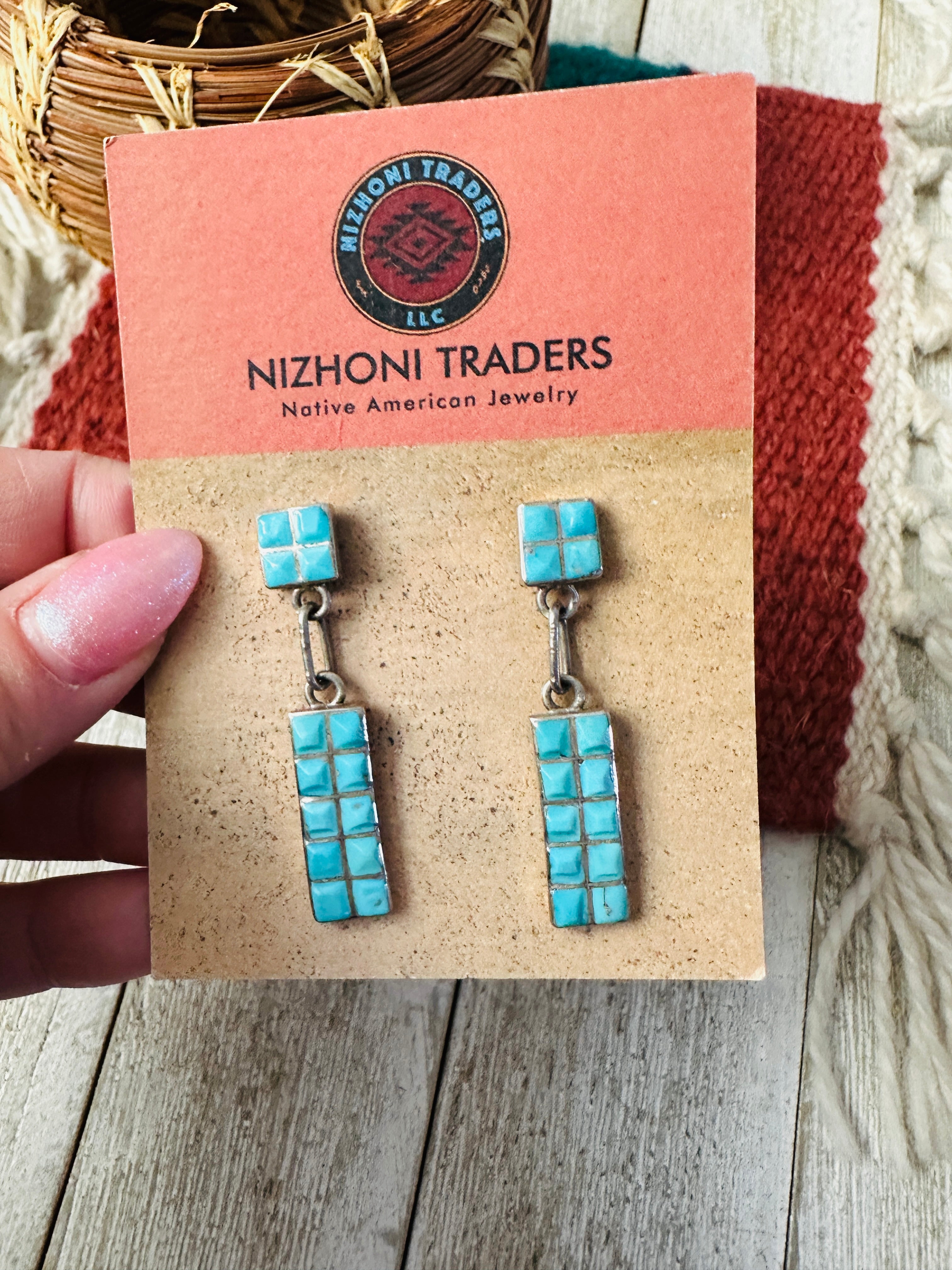 Old Pawn Handcrafted Turquoise & Sterling Silver Inlay Dangle Earrings