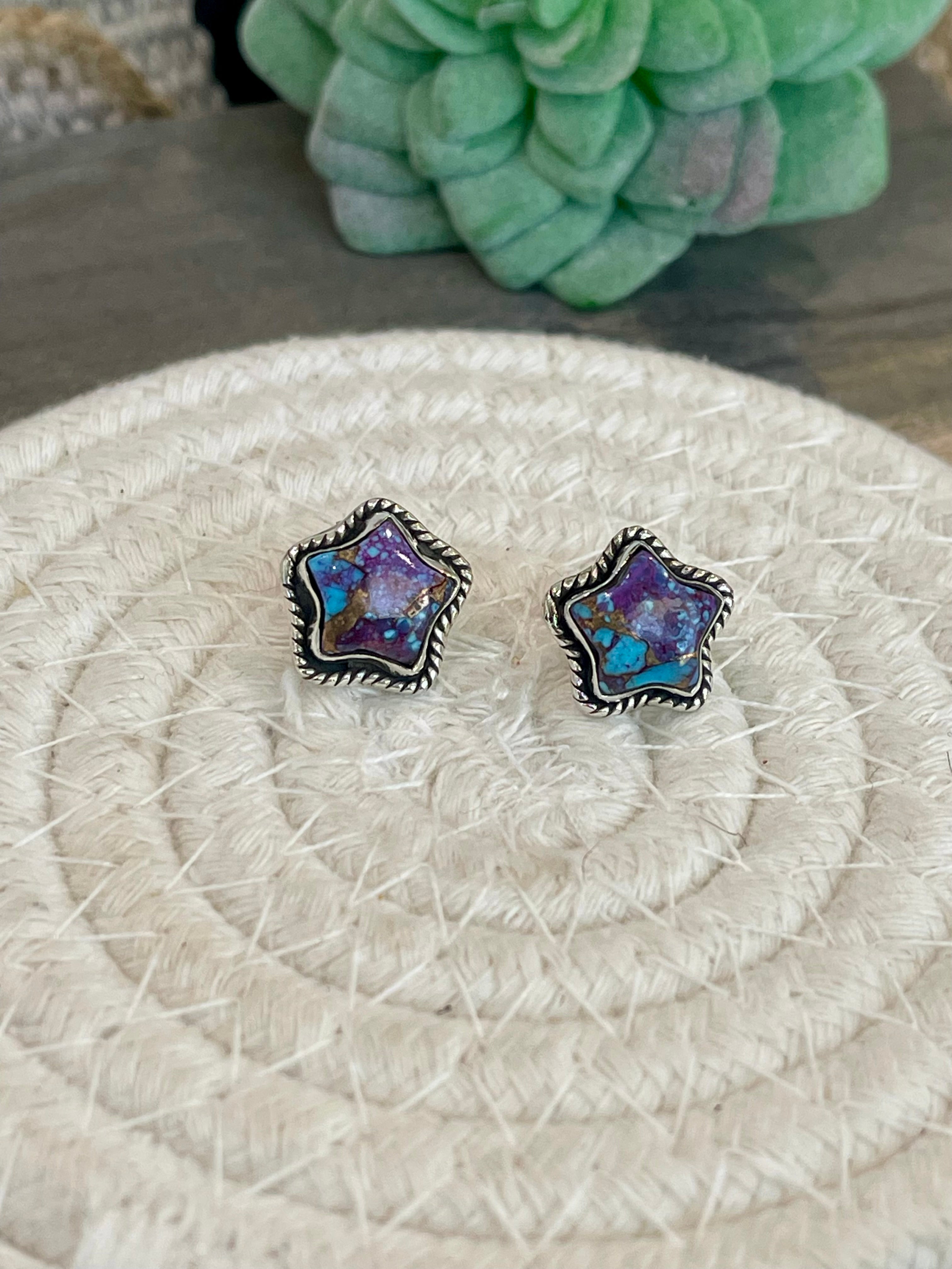 Sizzling Handmade Star Sterling Silver & Purple Mojave Post Earrings